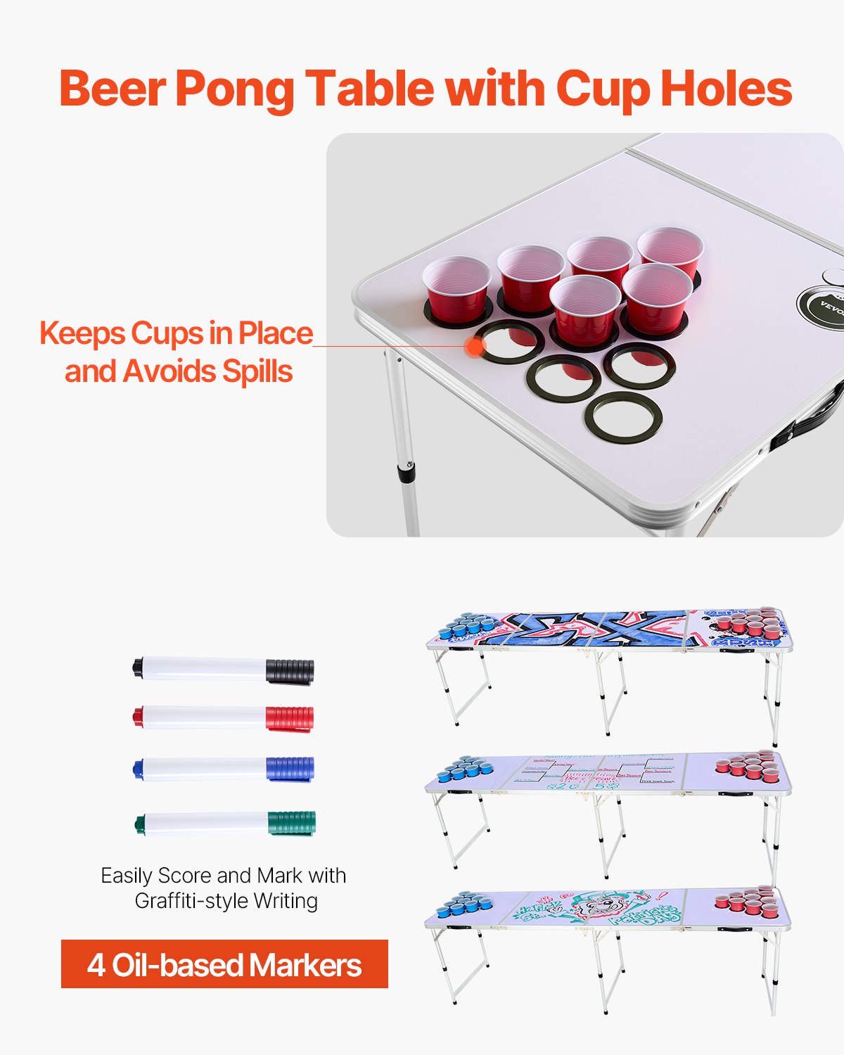 8-Foot Folding Beer Pong Table with Cup Holes, Adjustable Height, Dry Erase Surface, Lightweight for Tailgating, Camping, and Office Parties