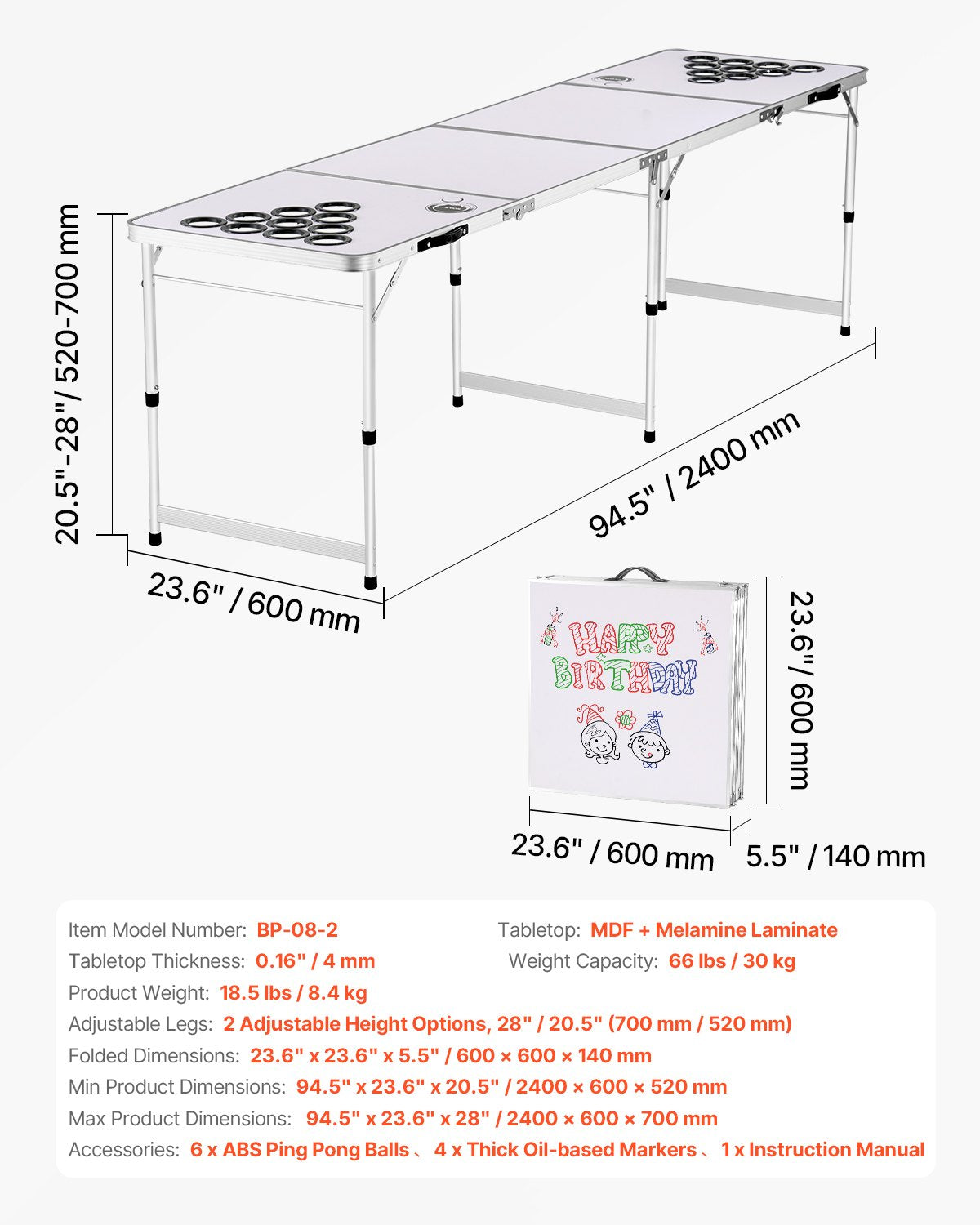 8-Foot Folding Beer Pong Table with Cup Holes, Adjustable Height, Dry Erase Surface, Lightweight for Tailgating, Camping, and Office Parties