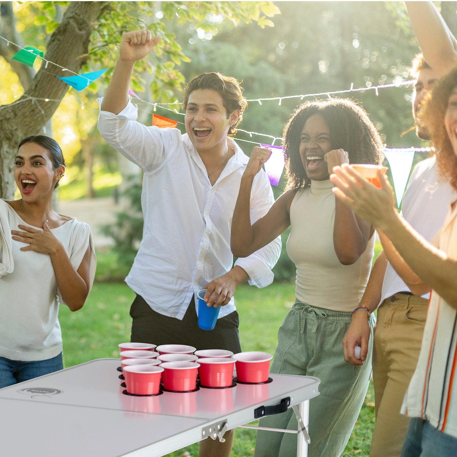 8-Foot Folding Beer Pong Table with Cup Holes, Adjustable Height, Dry Erase Surface, Lightweight for Tailgating, Camping, and Office Parties