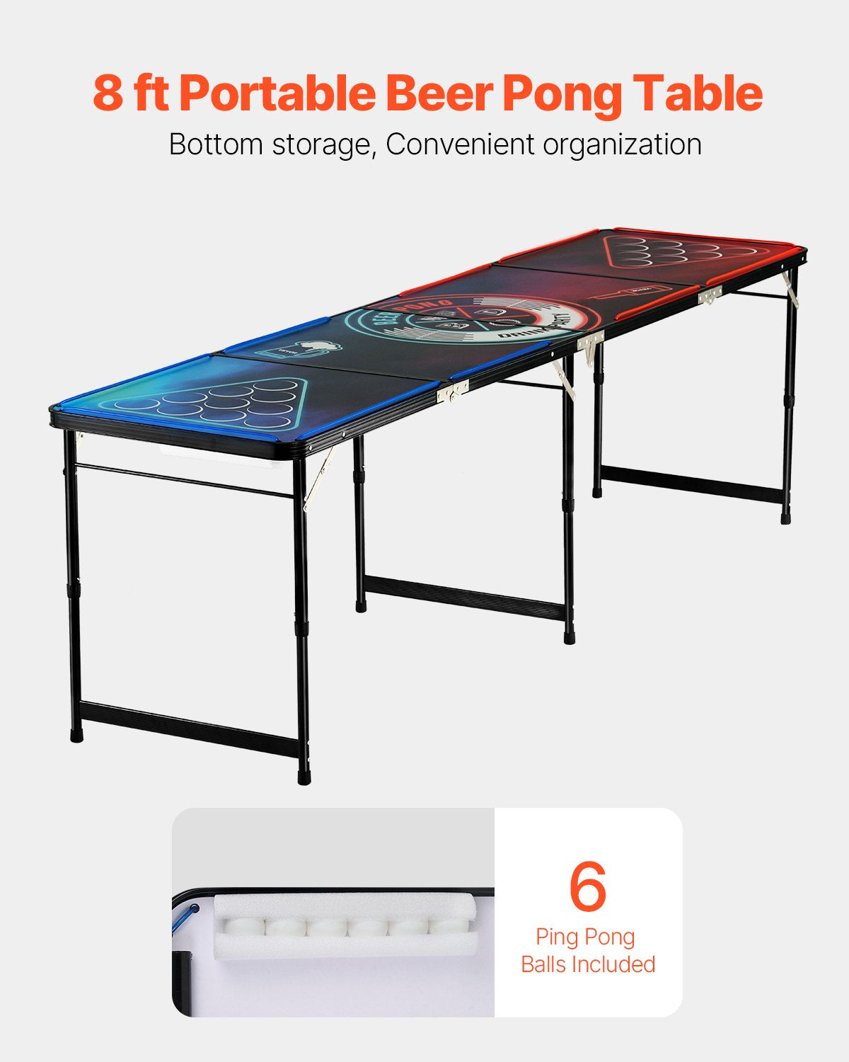 8' Portable Folding Beer Pong Table with LED Lights, Adjustable Height, Lightweight for Camping, Office, Tailgate Parties & Travel, Includes 6 Pong Balls