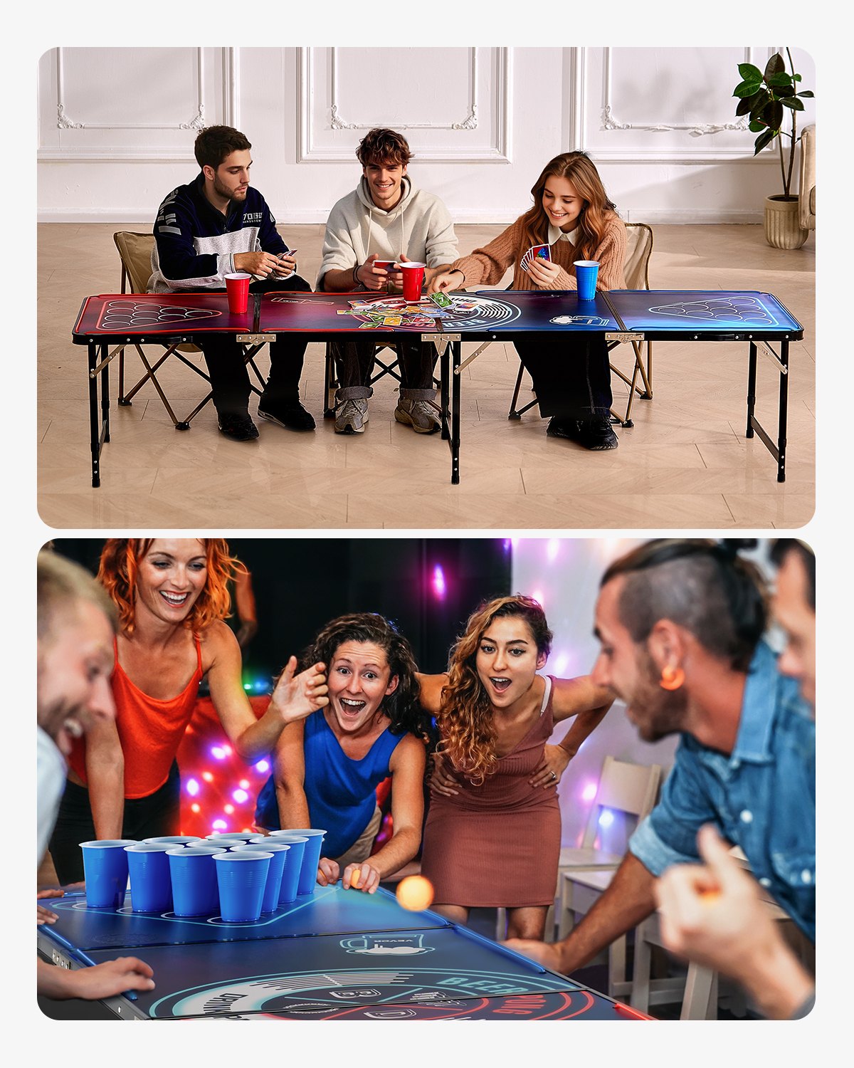 8' Portable Folding Beer Pong Table with LED Lights, Adjustable Height, Lightweight for Camping, Office, Tailgate Parties & Travel, Includes 6 Pong Balls