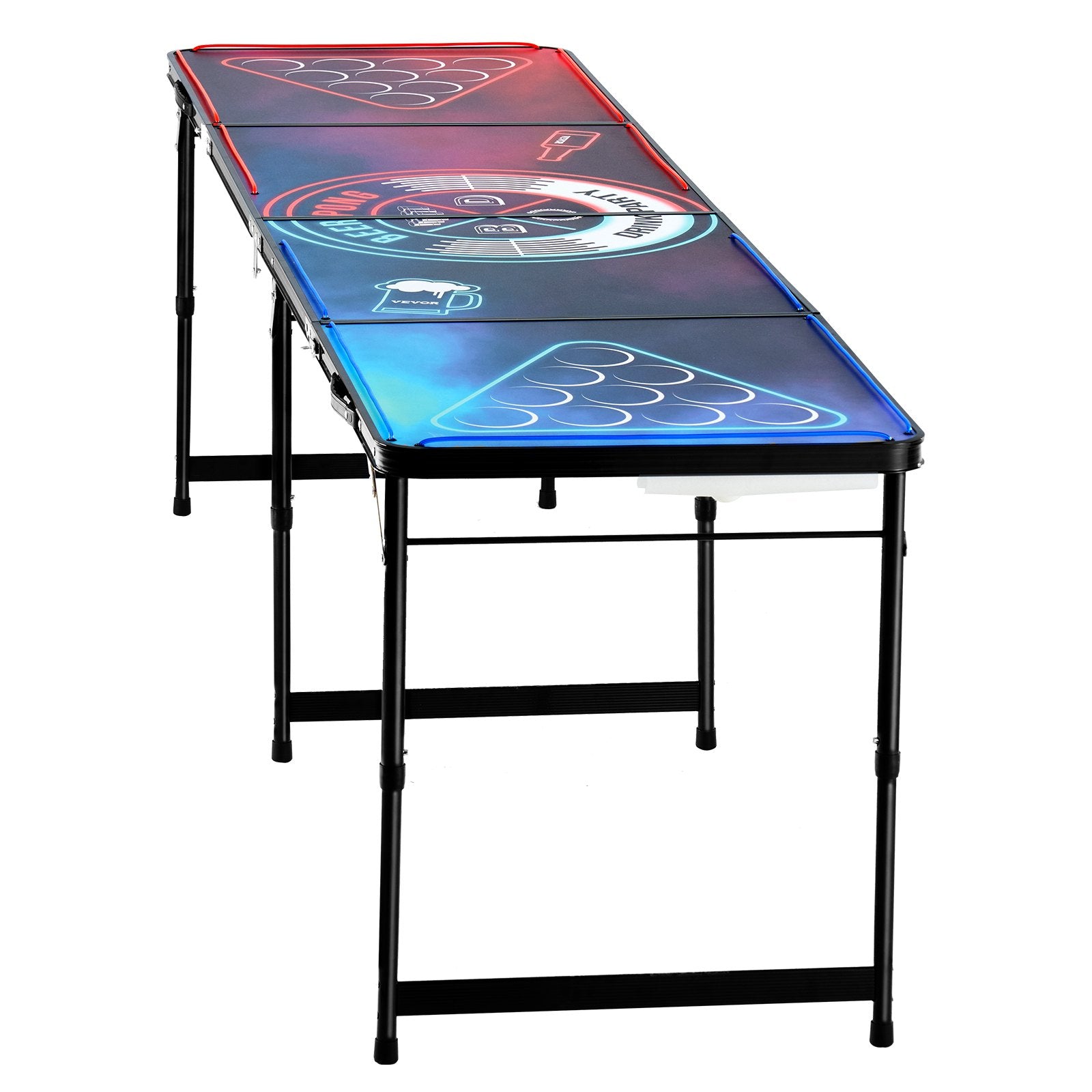 8' Portable Folding Beer Pong Table with LED Lights, Adjustable Height, Lightweight for Camping, Office, Tailgate Parties & Travel, Includes 6 Pong Balls