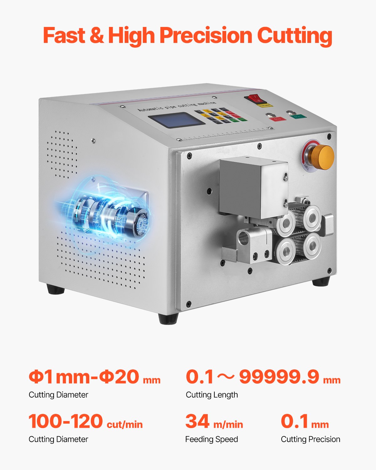 Automatic Heat-Shrink Tube Cutter with LCD Display, Precision Cutting 1-20mm Diameter, 0.1-99999.9mm Length for PVC, PE, Silicone, Soft Water Pipes