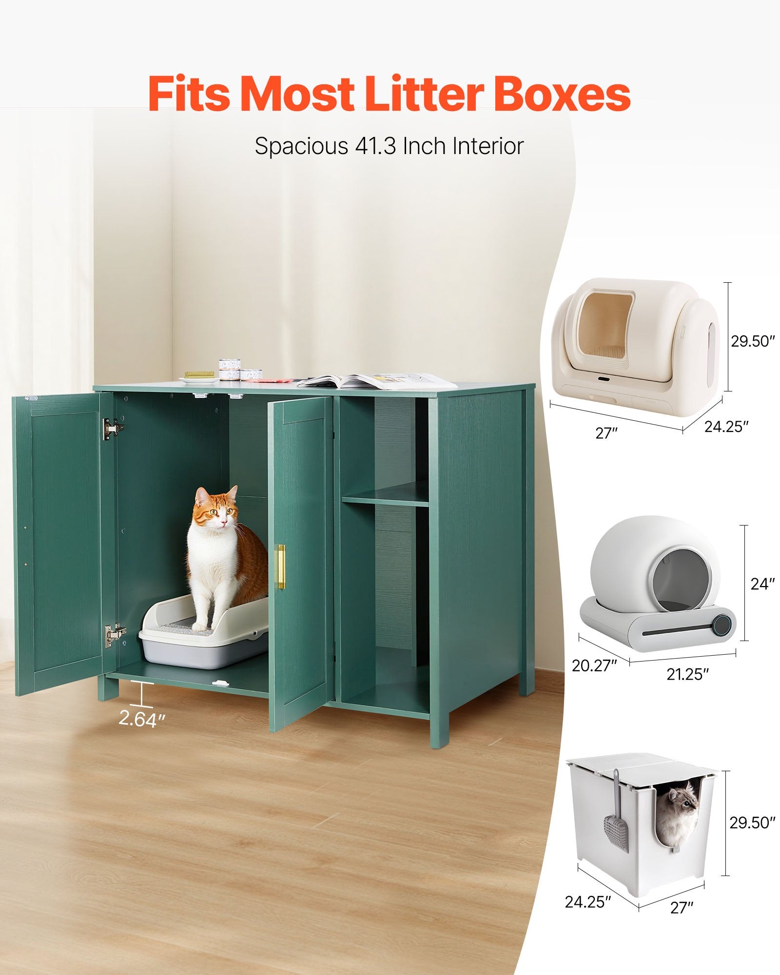 Spacious Cat Litter Robot Enclosure Cabinet, Automatic Self-Cleaning Box with Power Outlet, Drawer & Divider, Fits Smart Litterboxes