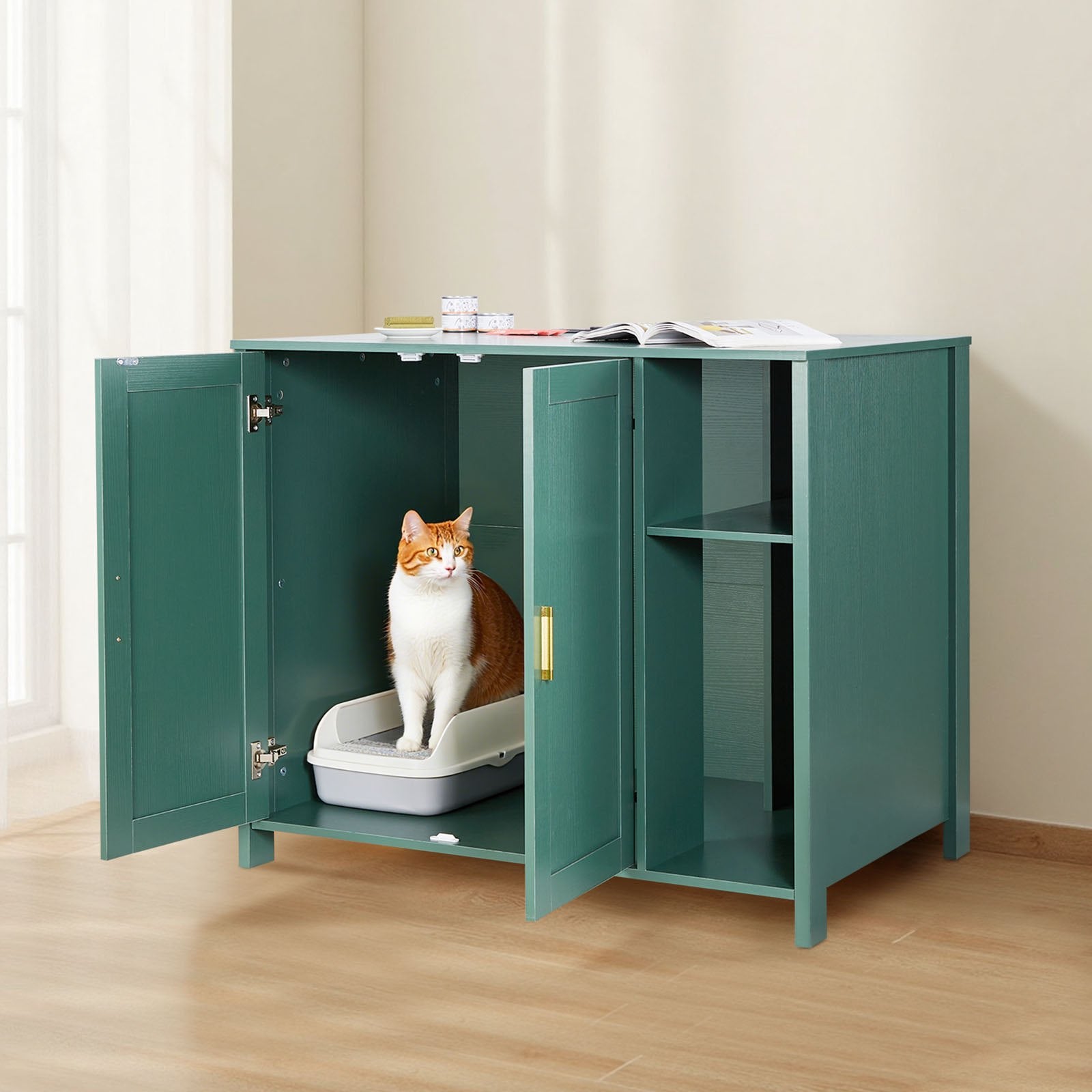 Spacious Cat Litter Robot Enclosure Cabinet, Automatic Self-Cleaning Box with Power Outlet, Drawer & Divider, Fits Smart Litterboxes