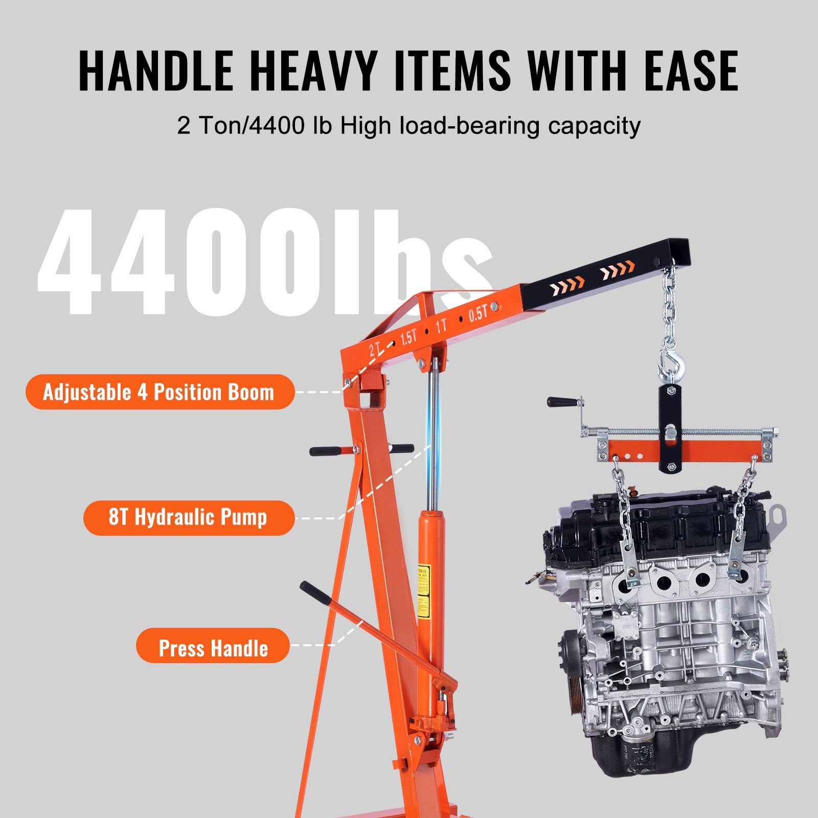 Heavy-Duty Engine Hoist Crane, 2 Ton/4400 LBS, Foldable Cherry Picker with Hydraulic Leveler for Auto Repair, Motors, and Weight Lifting