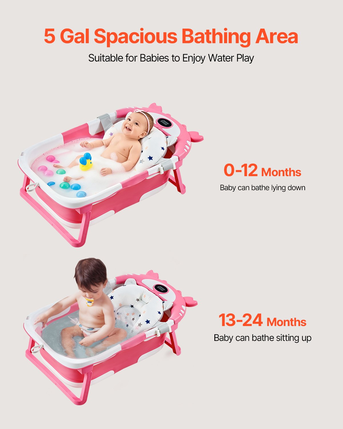 Collapsible Baby Bathtub with Thermometer, Soft Cushion & Showerhead Holder - Portable 5 Gal Bath for 0-24 Months Toddlers, Pink & White