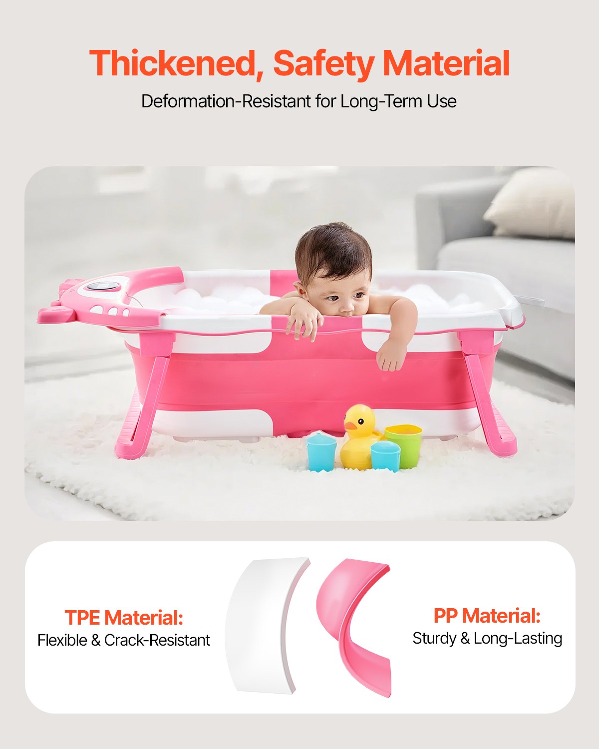 Collapsible Baby Bathtub with Thermometer, Soft Cushion & Showerhead Holder - Portable 5 Gal Bath for 0-24 Months Toddlers, Pink & White