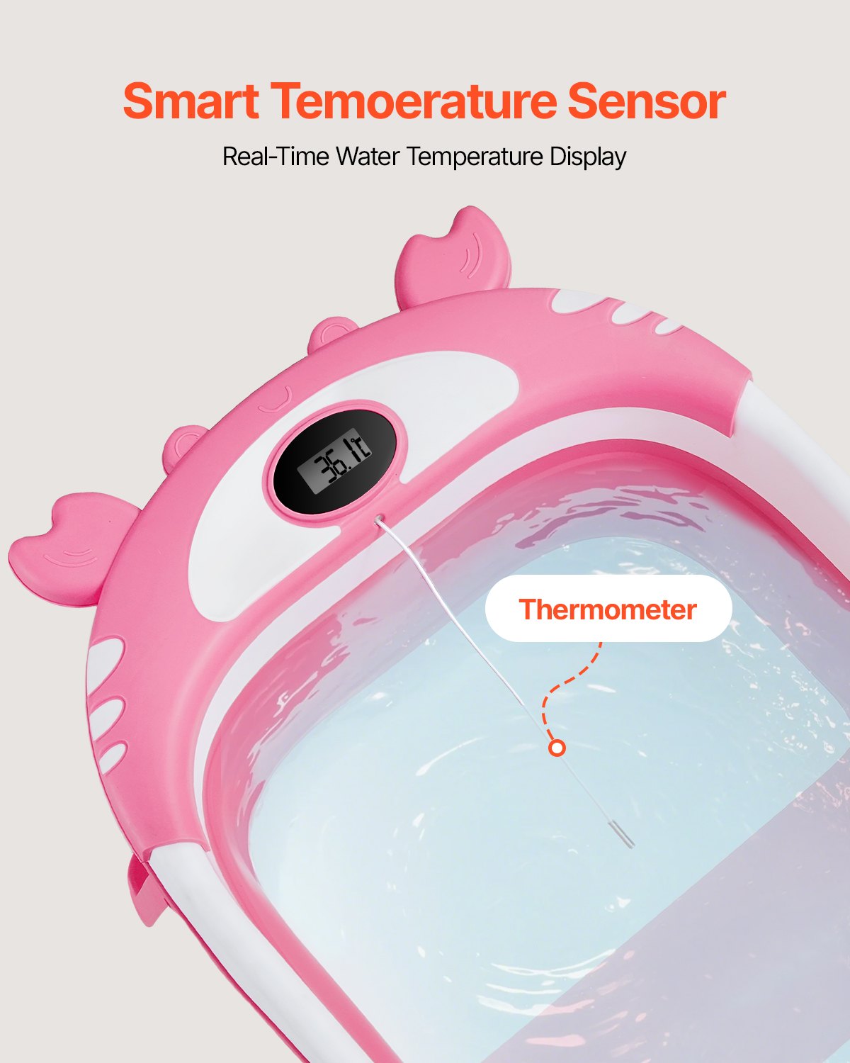 Collapsible Baby Bathtub with Thermometer, Soft Cushion & Showerhead Holder - Portable 5 Gal Bath for 0-24 Months Toddlers, Pink & White