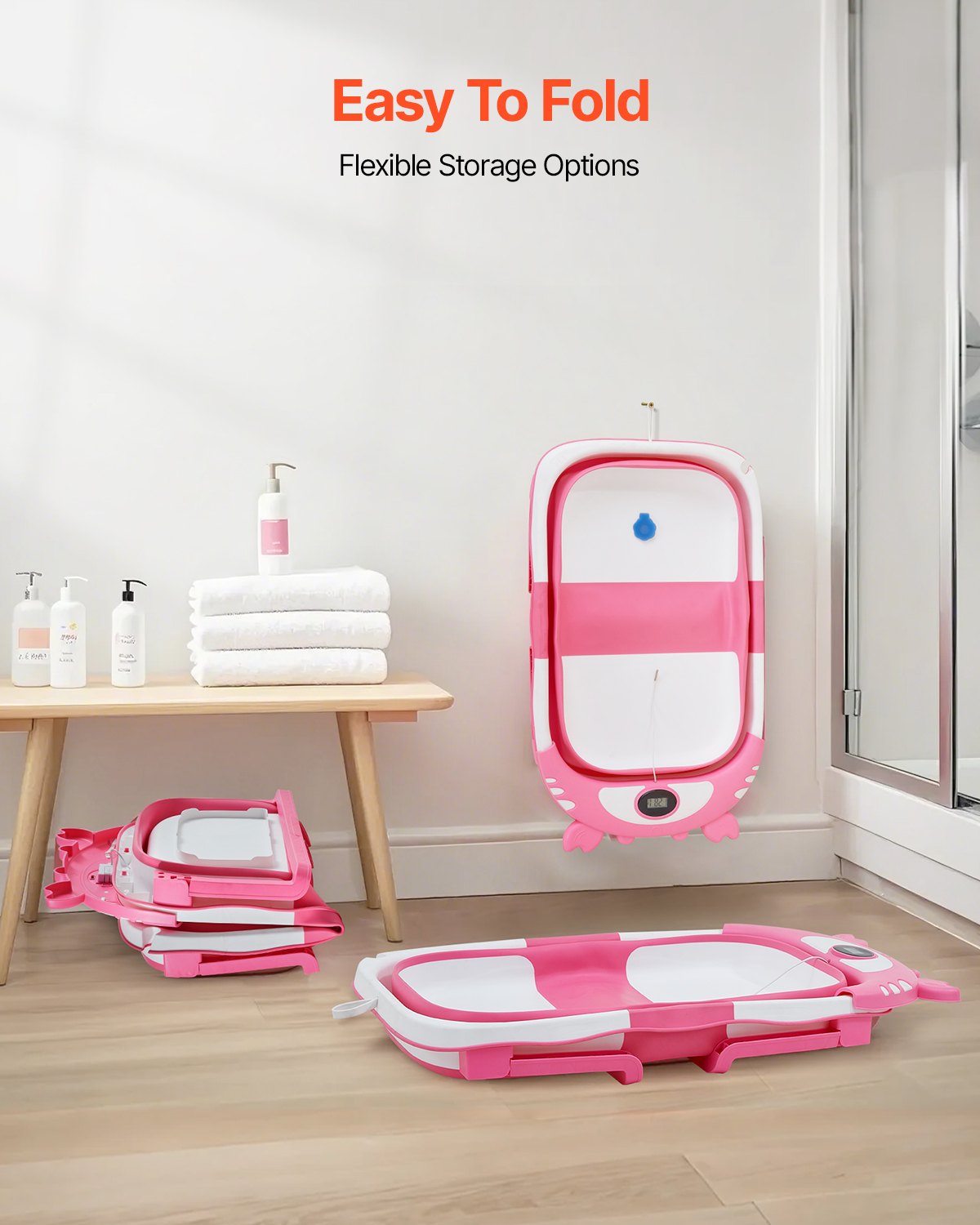 Collapsible Baby Bathtub with Thermometer, Soft Cushion & Showerhead Holder - Portable 5 Gal Bath for 0-24 Months Toddlers, Pink & White