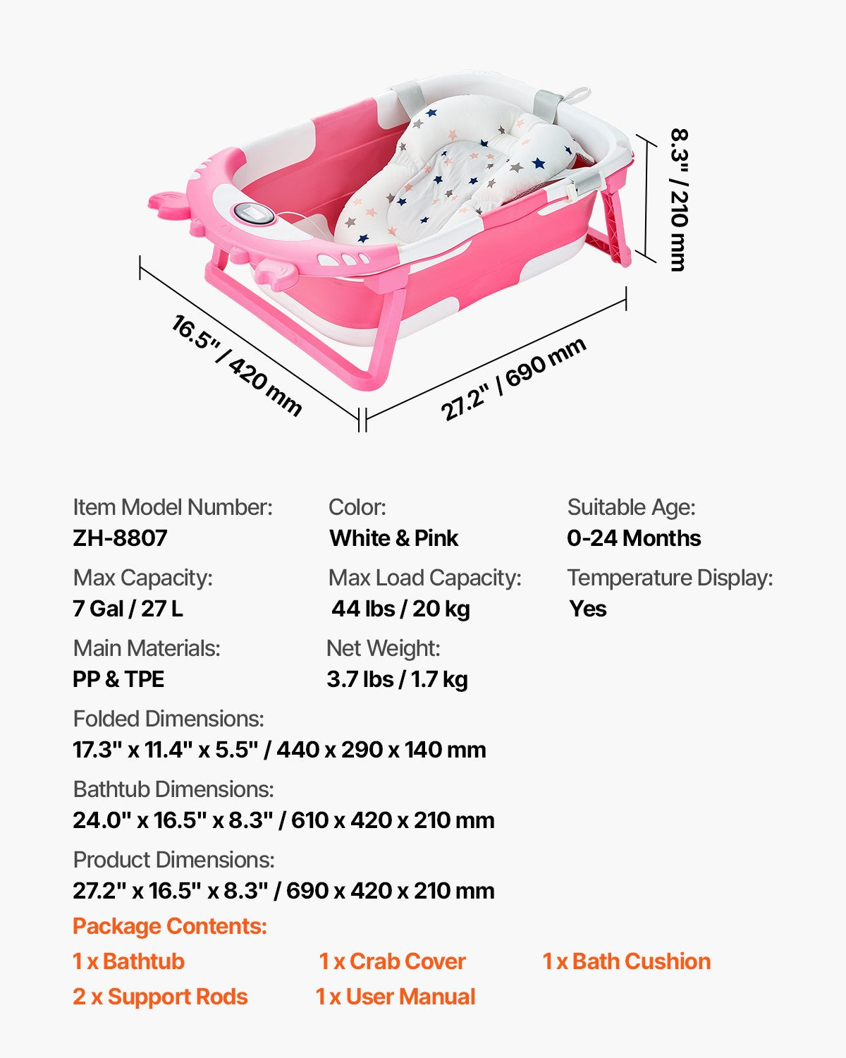 Collapsible Baby Bathtub with Thermometer, Soft Cushion & Showerhead Holder - Portable 5 Gal Bath for 0-24 Months Toddlers, Pink & White