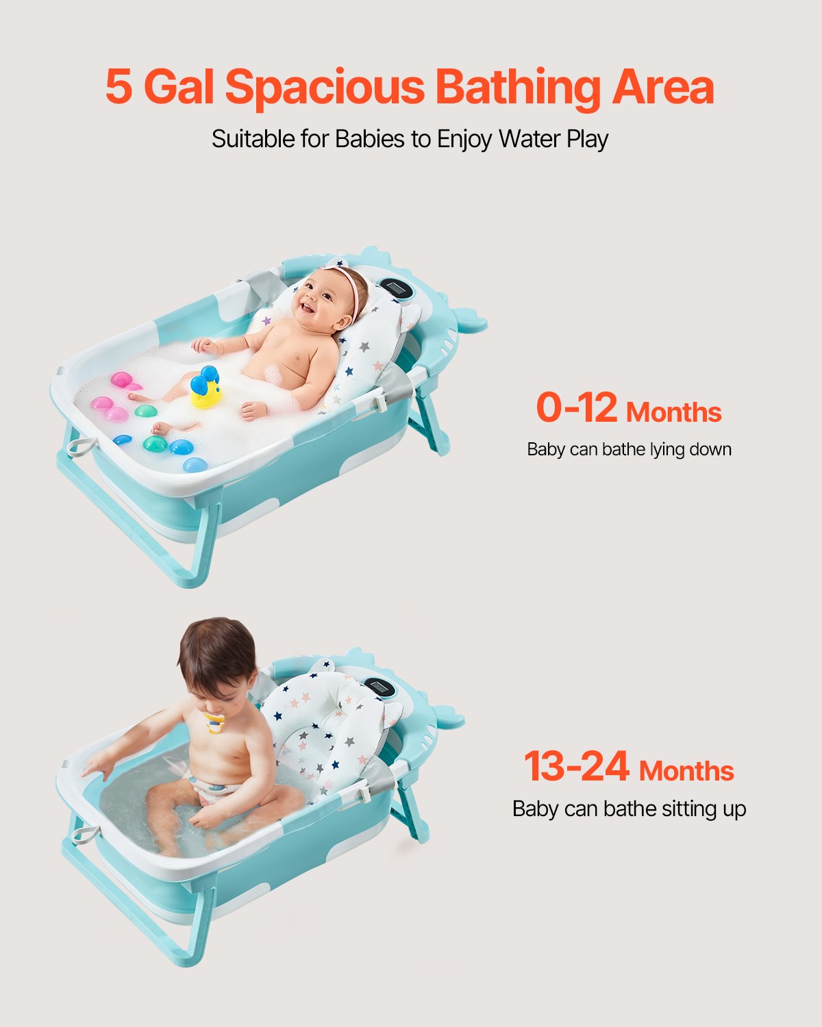 Collapsible Baby Bathtub with Temperature Sensor, Soft Cushion, and Showerhead Holder - Portable 5 Gal Bath for 0-24 Month Toddlers