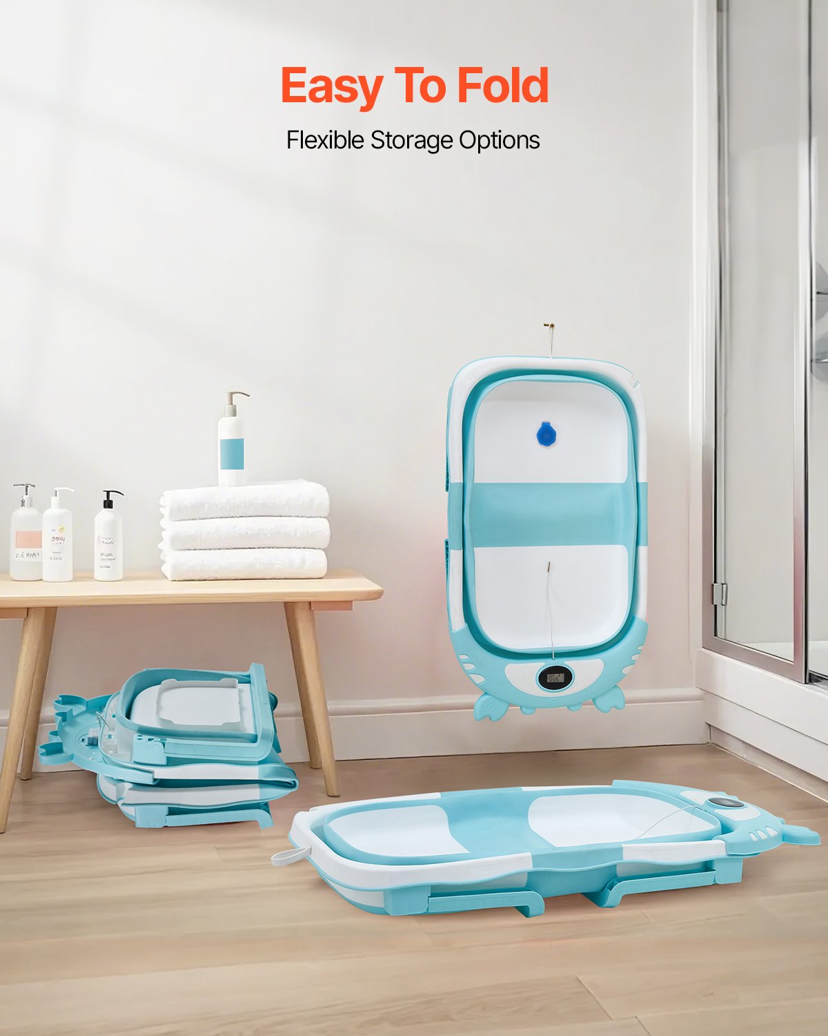 Collapsible Baby Bathtub with Temperature Sensor, Soft Cushion, and Showerhead Holder - Portable 5 Gal Bath for 0-24 Month Toddlers