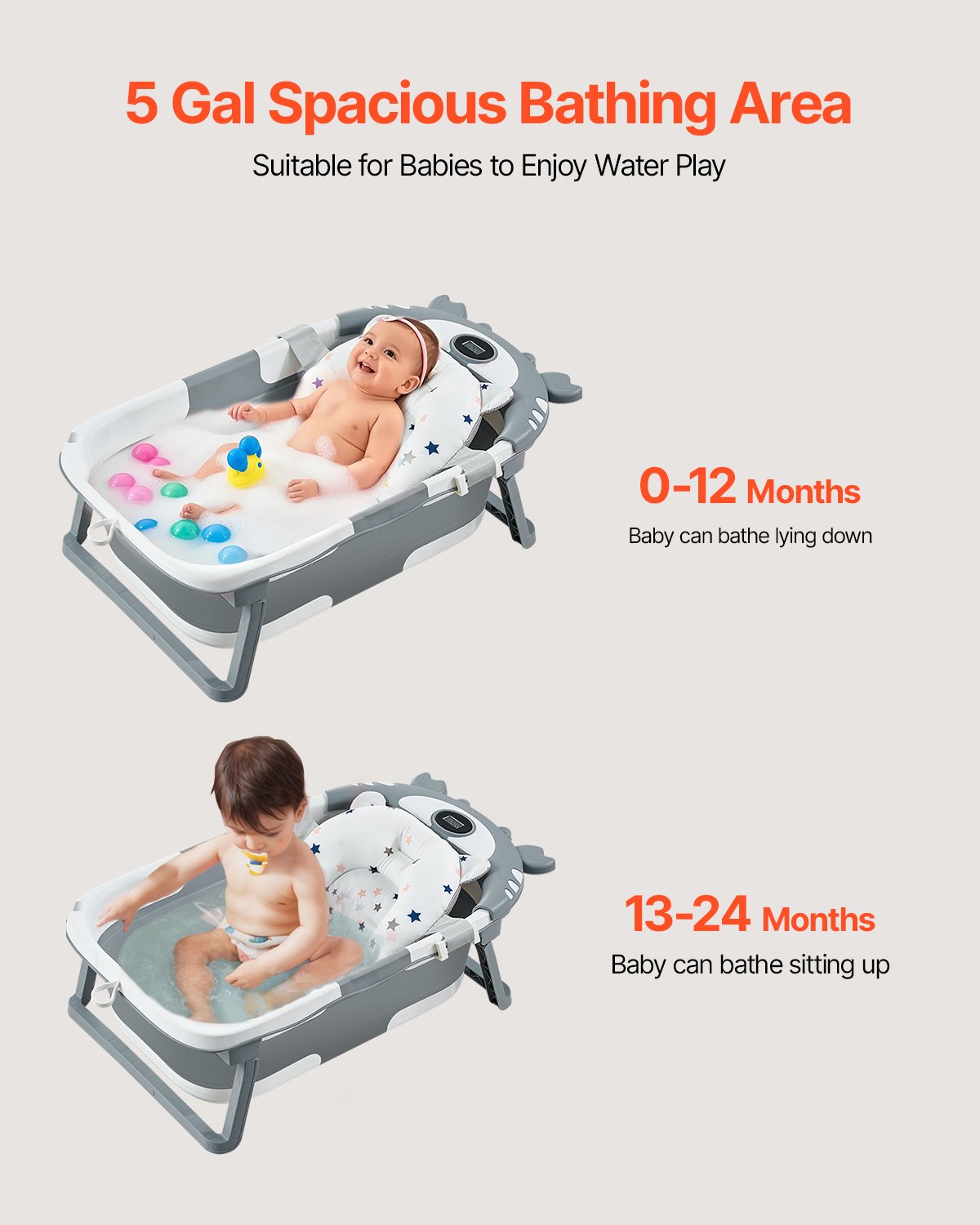 Collapsible Baby Bath Tub with Thermometer & Soft Cushion, 5 Gal Capacity, Portable Grey Bathtub for 0-24 Months, Durable Design with Showerhead Holder & Drainage Hole