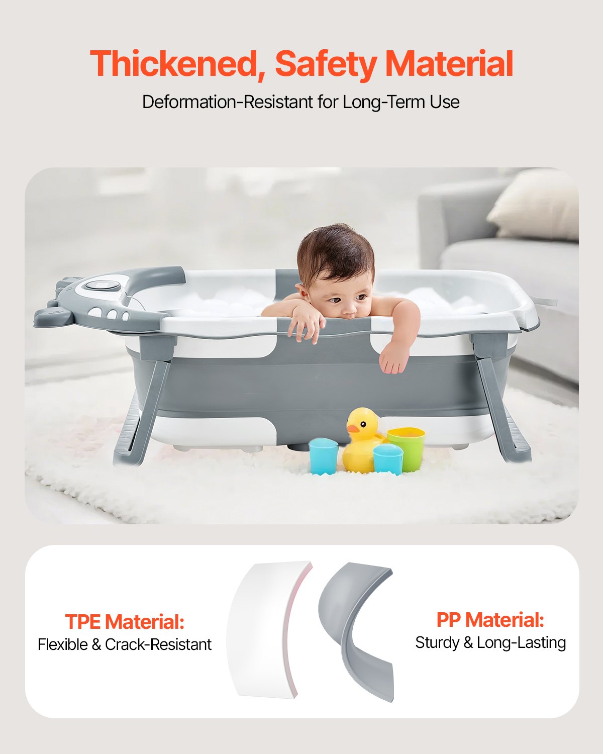 Collapsible Baby Bath Tub with Thermometer & Soft Cushion, 5 Gal Capacity, Portable Grey Bathtub for 0-24 Months, Durable Design with Showerhead Holder & Drainage Hole