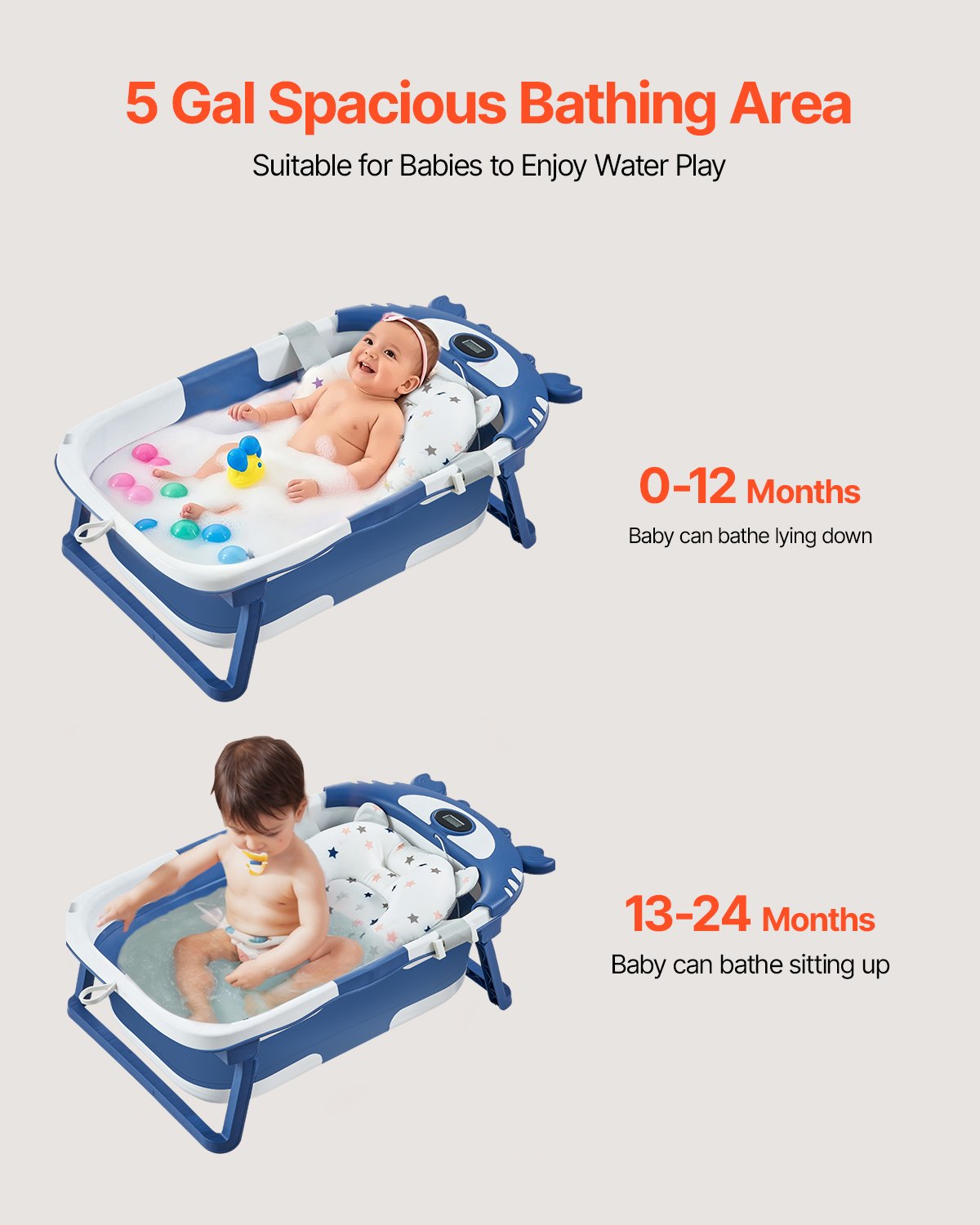 Collapsible Baby Bathtub with Thermometer, Soft Cushion, Showerhead Holder & Drainage Hole - Portable 5 Gal Capacity for 0-24 Months