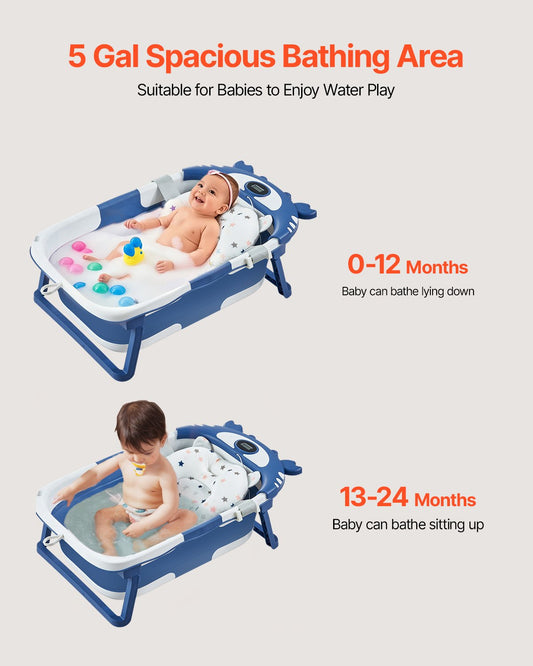 Collapsible Baby Bathtub with Thermometer, Soft Cushion, Showerhead Holder & Drainage Hole - Portable 5 Gal Capacity for 0-24 Months