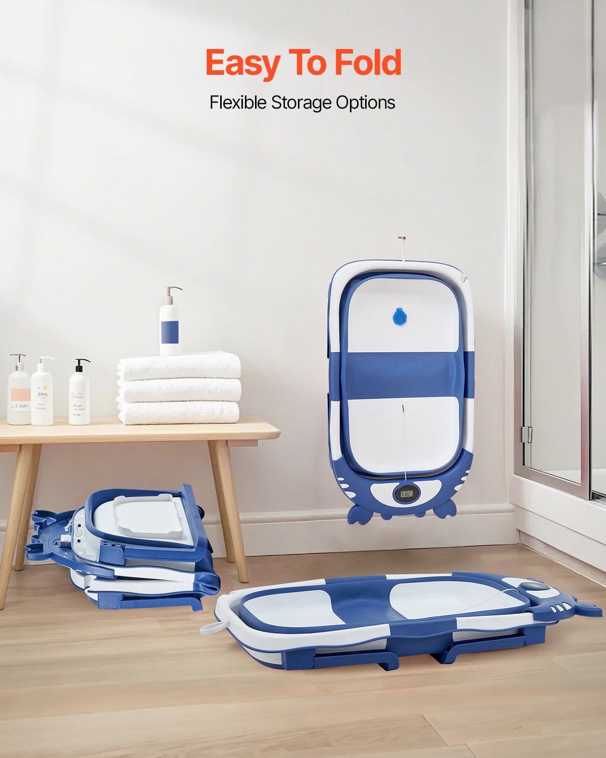 Collapsible Baby Bathtub with Thermometer, Soft Cushion, Showerhead Holder & Drainage Hole - Portable 5 Gal Capacity for 0-24 Months