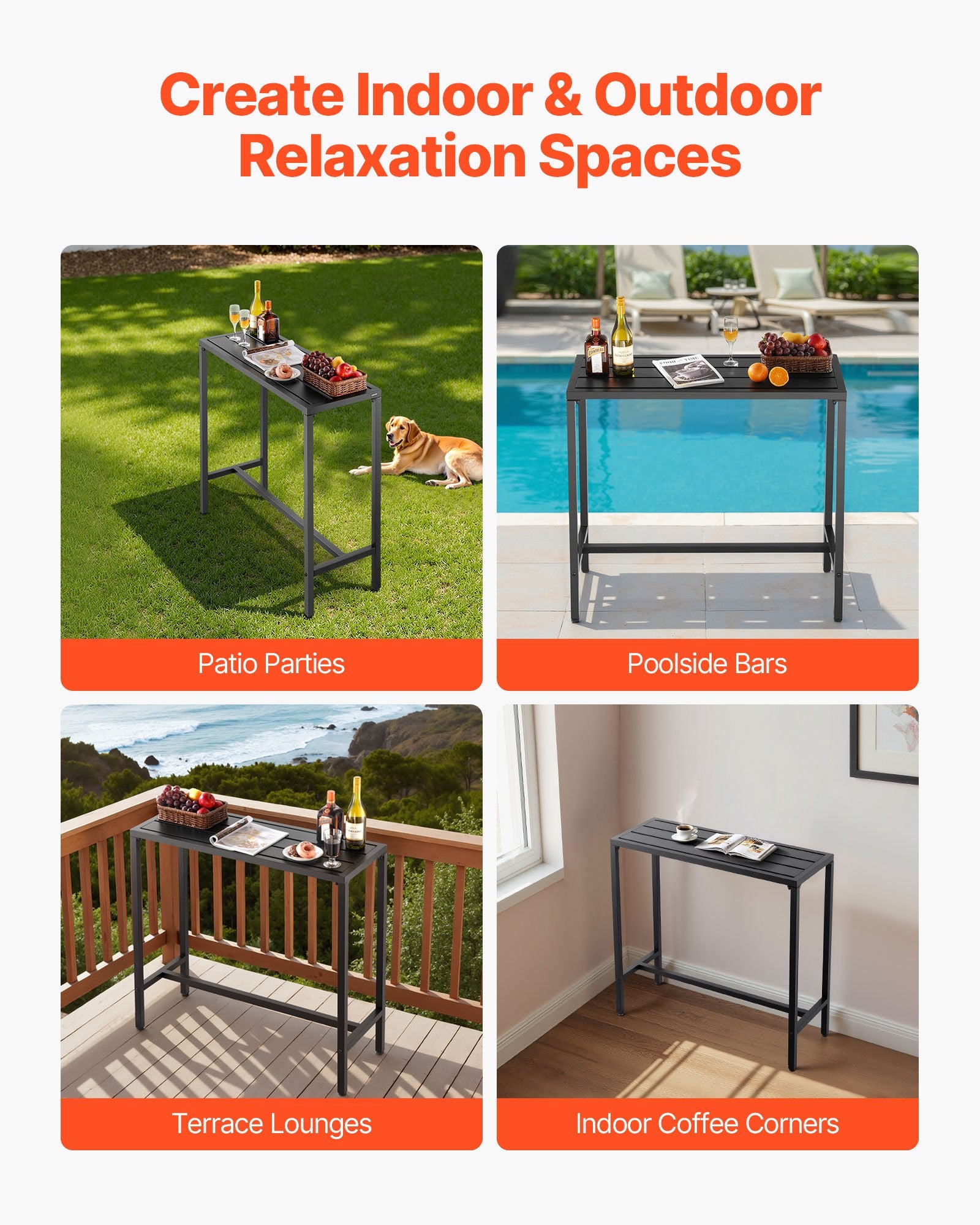 Outdoor Rectangle Bar Table - 39.4 x 15 in, Waterproof & Sturdy Metal Frame for Patio, Balcony, Yard, Hot Tub, Poolside, Indoor Dining