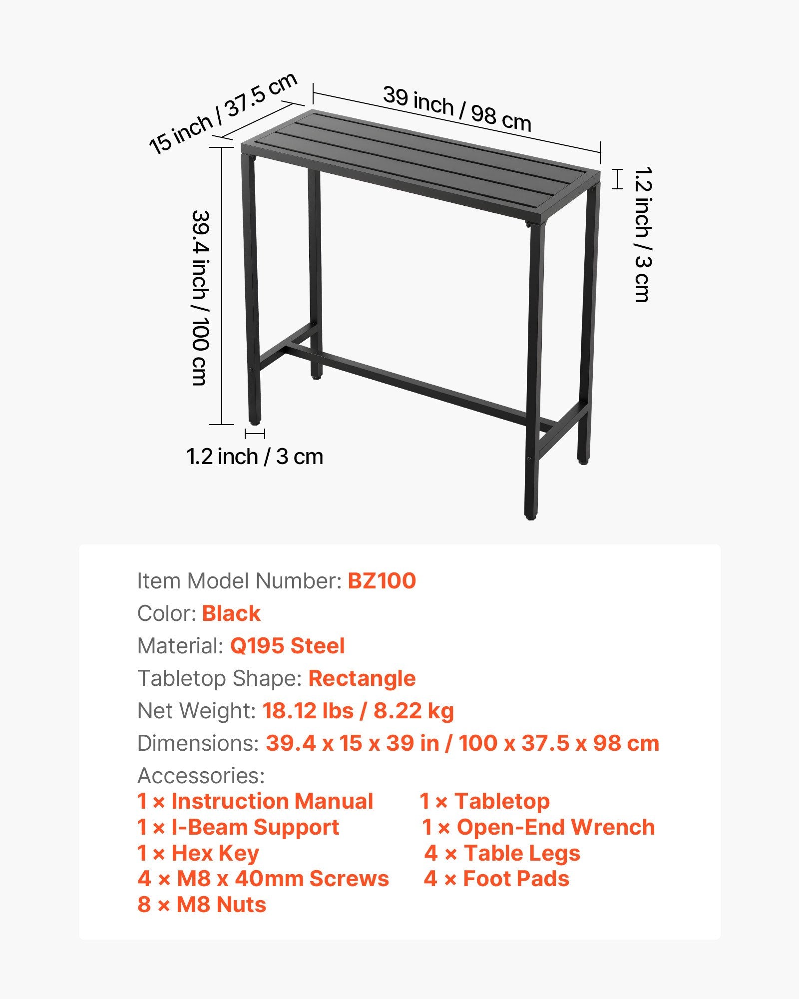 Outdoor Rectangle Bar Table - 39.4 x 15 in, Waterproof & Sturdy Metal Frame for Patio, Balcony, Yard, Hot Tub, Poolside, Indoor Dining