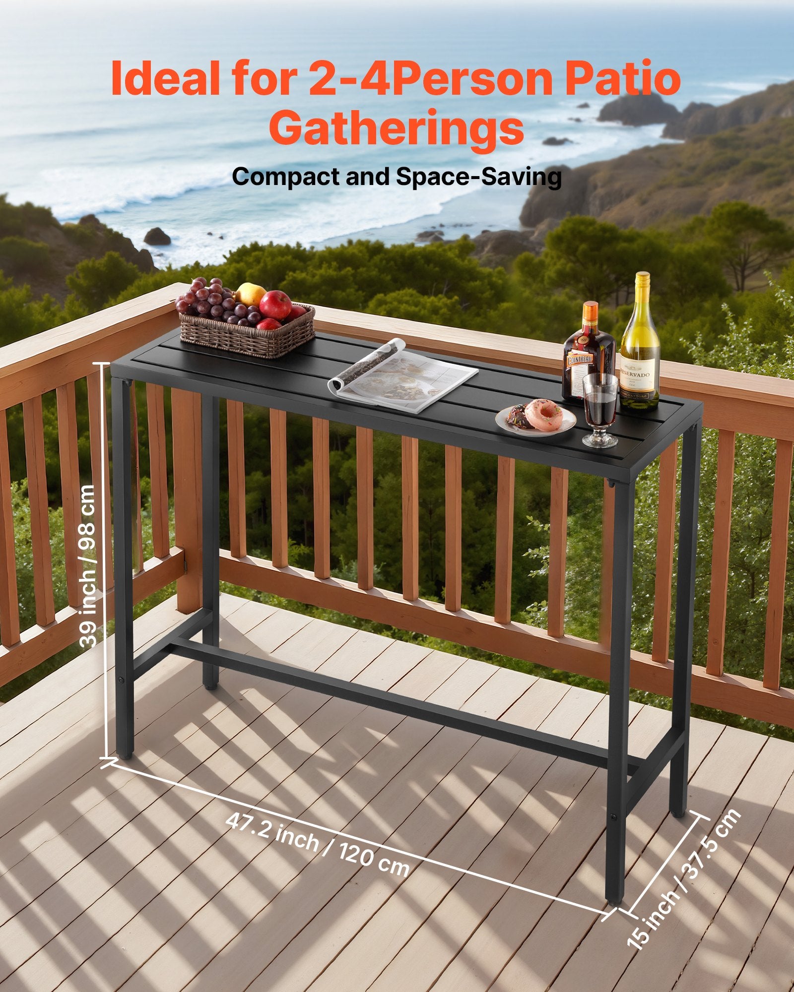 47" x 15" Rectangle Outdoor Bar Table with Waterproof Top & Sturdy Metal Frame for Patio, Balcony, Yard, Hot Tub, Poolside, Indoor Dining
