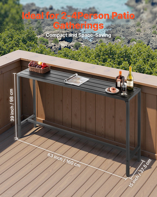 Elevate Your Outdoor Space with a 63 x 15 Inch Rectangle Bar Table – Waterproof, Sturdy Metal Frame for Balcony, Yard, Poolside, Indoor & More