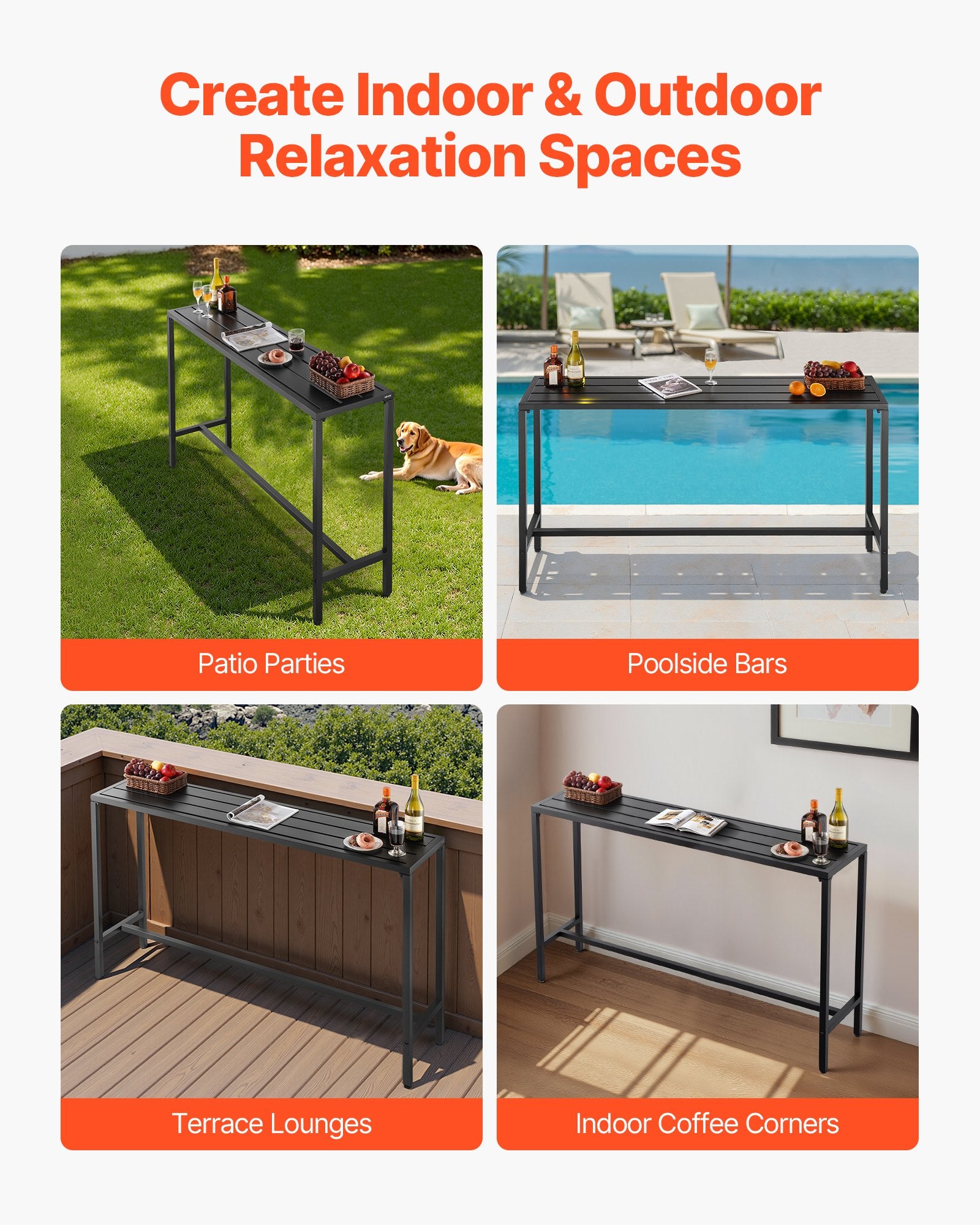 Elevate Your Outdoor Space with a 63 x 15 Inch Rectangle Bar Table – Waterproof, Sturdy Metal Frame for Balcony, Yard, Poolside, Indoor & More