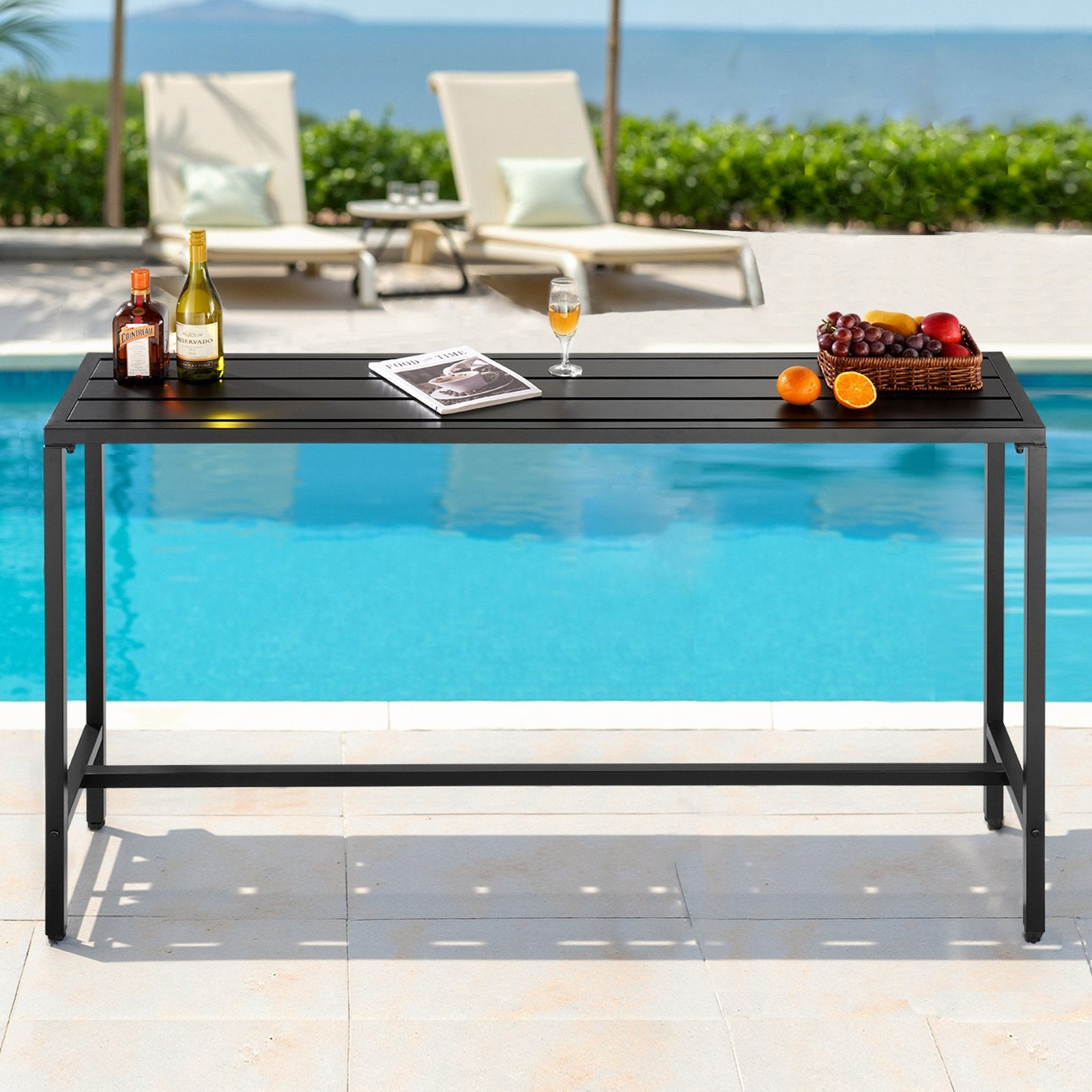 Elevate Your Outdoor Space with a 63 x 15 Inch Rectangle Bar Table – Waterproof, Sturdy Metal Frame for Balcony, Yard, Poolside, Indoor & More