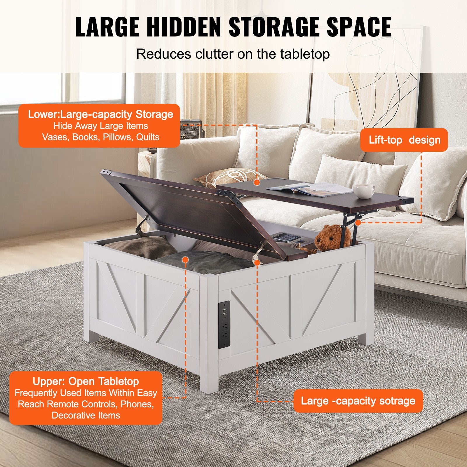 36" Rustic Farmhouse Coffee Table with Lift-Top, Built-in Power Strip, Solid Wood Legs, Storage, for Living Room & Bedroom