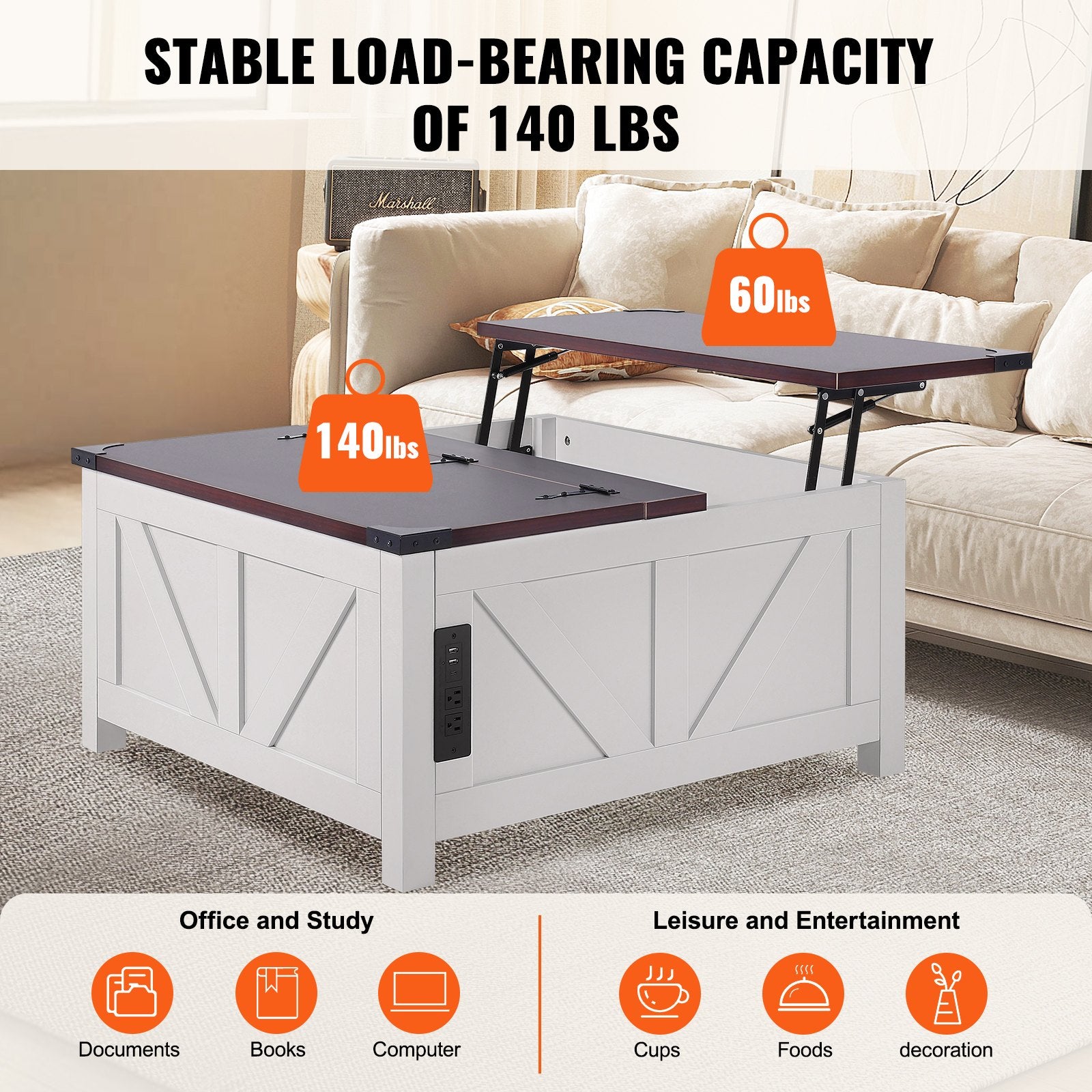 36" Rustic Farmhouse Coffee Table with Lift-Top, Built-in Power Strip, Solid Wood Legs, Storage, for Living Room & Bedroom