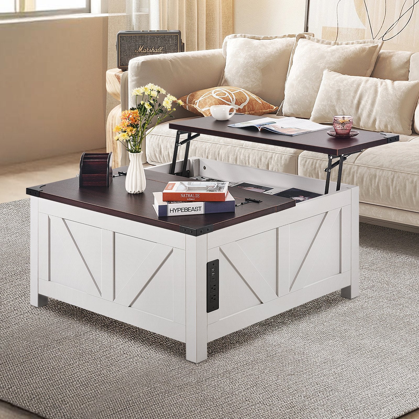 36" Rustic Farmhouse Coffee Table with Lift-Top, Built-in Power Strip, Solid Wood Legs, Storage, for Living Room & Bedroom