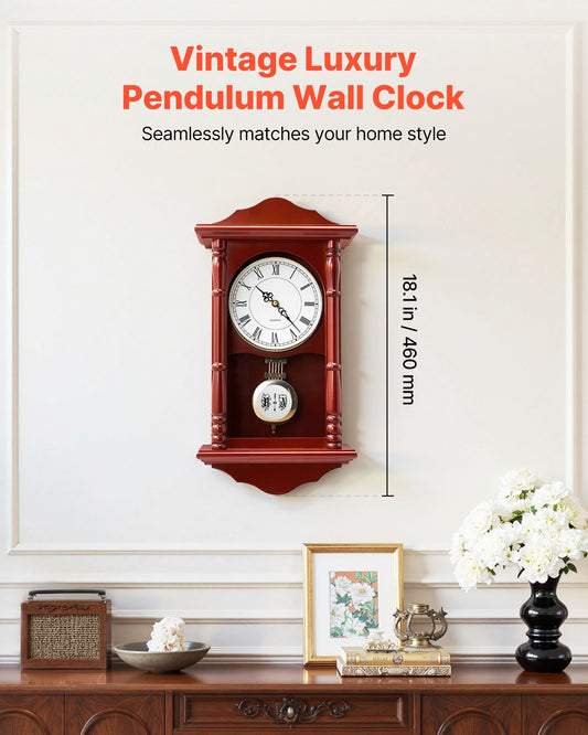 Elegant 18" Vintage Grandfather Wall Clock, Cherry Wood Tone, Pine & MDF, Quartz Movement, Silent Design, Perfect for Home Décor & Gifts