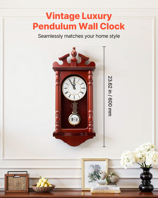 Classic Vintage Grandfather Clock, 23.2" Cherry Tone Pendulum Wall Clock, Pine Wood & MDF, Silent Quartz Movement for Home Decor & Gifts