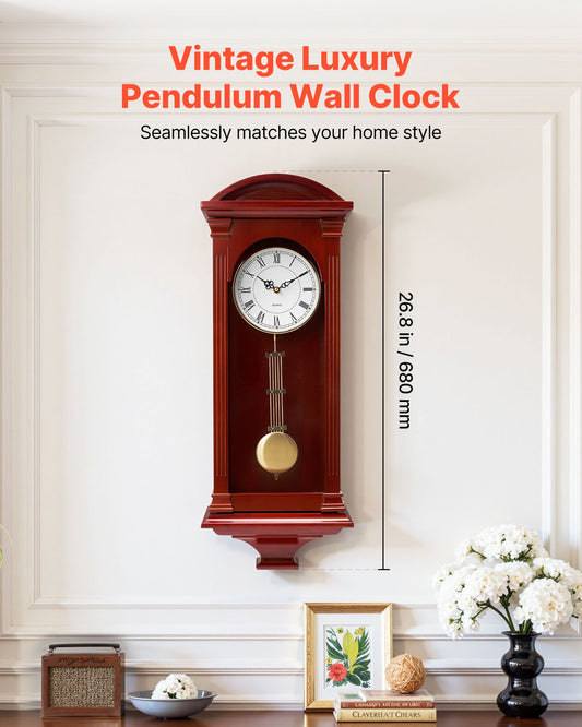 Classic Vintage 26.7" Grandfather Pendulum Clock - Cherry Tone, Pine Wood & MDF, Silent Quartz, Ideal for Living Room & Bedroom Decor