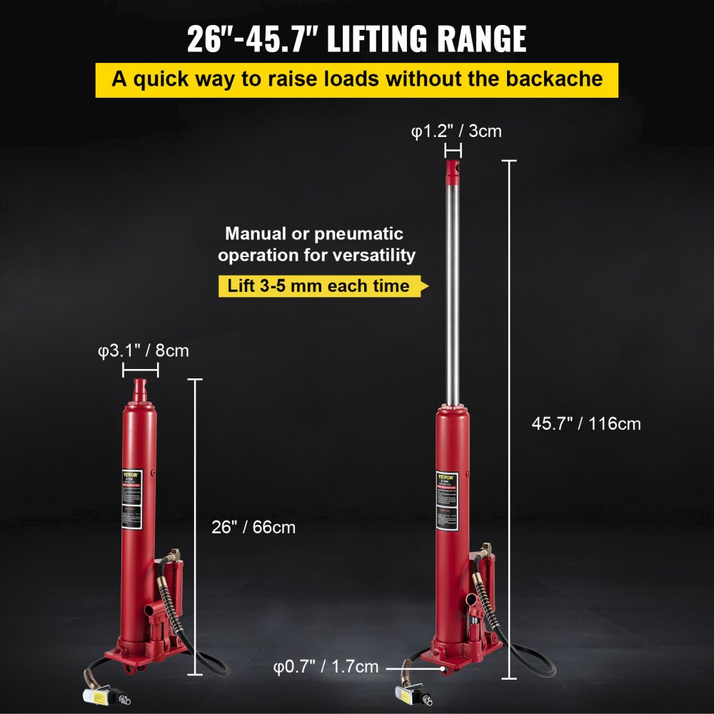 Heavy-Duty 8-Ton Long Ram Hydraulic Jack with Clevis Base for Engine Hoists and Garage Cranes