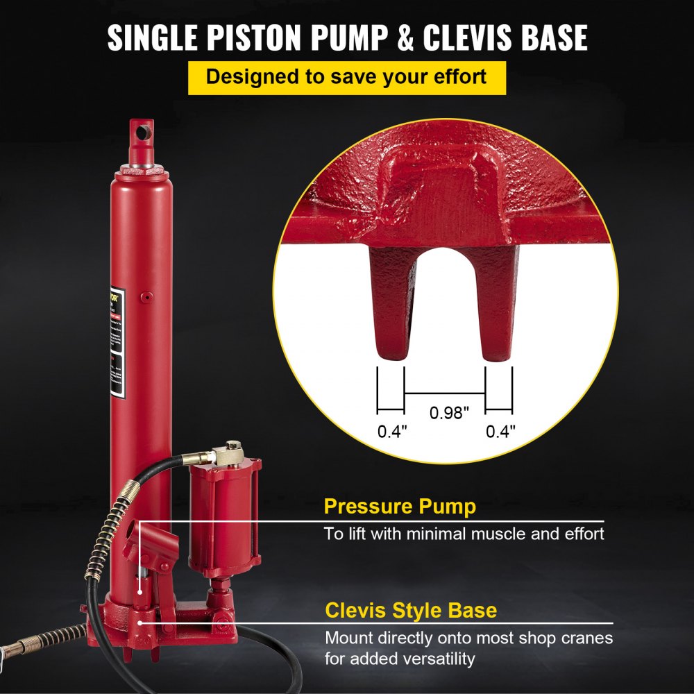 Heavy-Duty 8-Ton Long Ram Hydraulic Jack with Clevis Base for Engine Hoists and Garage Cranes