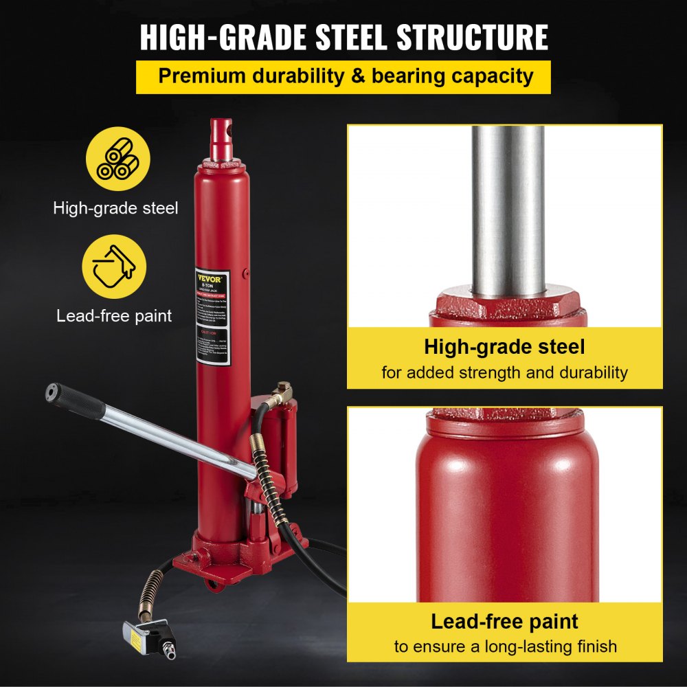 Heavy-Duty 8-Ton Long Ram Hydraulic Jack with Clevis Base for Engine Hoists and Garage Cranes