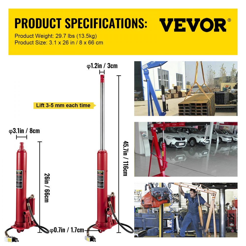 Heavy-Duty 8-Ton Long Ram Hydraulic Jack with Clevis Base for Engine Hoists and Garage Cranes