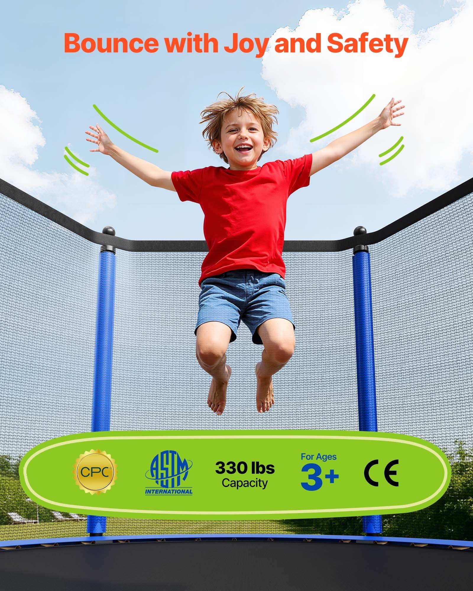 10FT Round Outdoor Trampoline with Enclosure Net, ASTM Approved, Heavy Duty, 330 lbs Capacity, Anti-Rust, Safe for Kids & Adults Backyard Fun