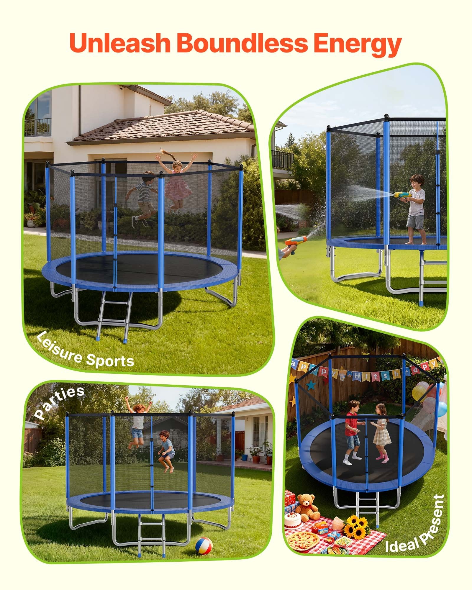 10FT Round Outdoor Trampoline with Enclosure Net, ASTM Approved, Heavy Duty, 330 lbs Capacity, Anti-Rust, Safe for Kids & Adults Backyard Fun