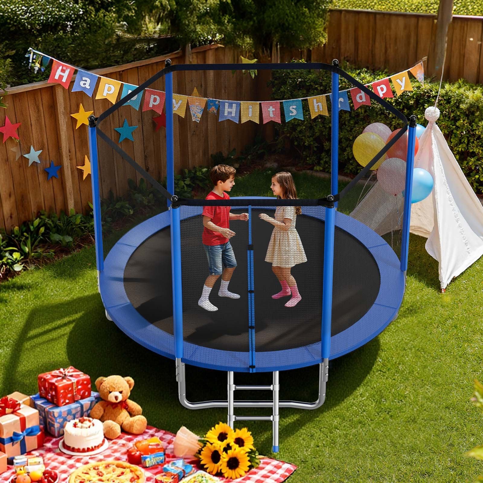 10FT Round Outdoor Trampoline with Enclosure Net, ASTM Approved, Heavy Duty, 330 lbs Capacity, Anti-Rust, Safe for Kids & Adults Backyard Fun