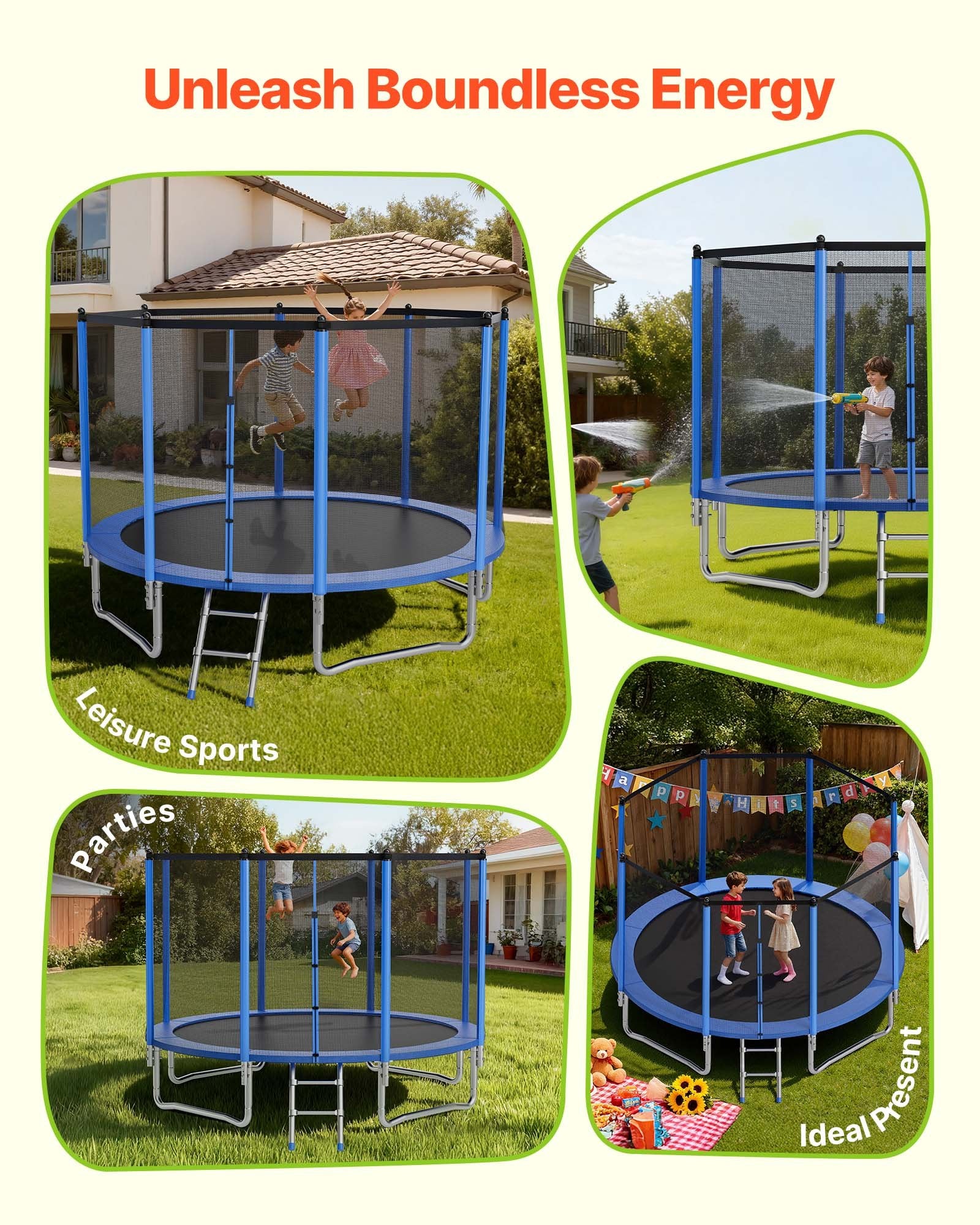 12FT Heavy Duty Outdoor Trampoline with Safety Enclosure Net, ASTM Certified, 400 lbs Capacity, Anti-Rust, Perfect for Kids & Adults, Easy Assembly, Backyard Fun