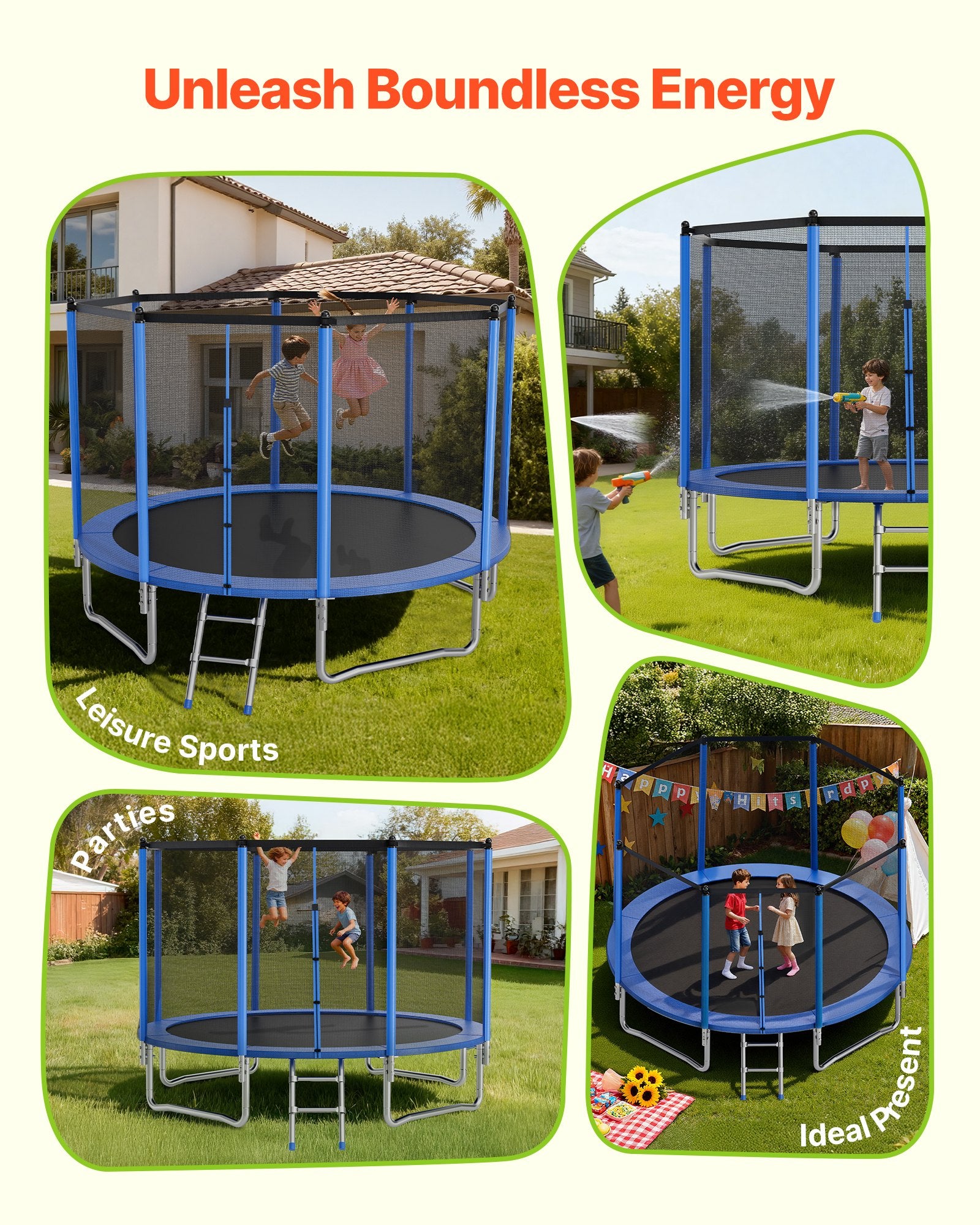 14FT Outdoor Recreational Trampoline with Safety Enclosure, Heavy Duty, ASTM Approved, 450 lbs Capacity, Anti-Rust for Kids & Adults, Perfect Backyard Fun