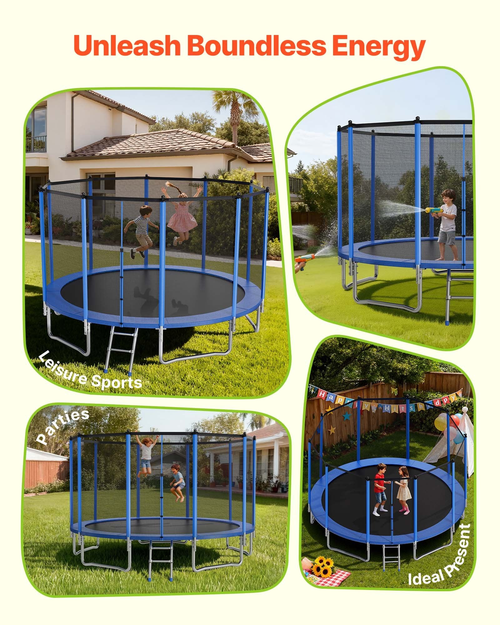 15FT Outdoor Trampoline with Enclosure Net, Heavy Duty, ASTM Approved, 470 lbs Capacity, Anti-Rust, Safe for Kids & Adults, Backyard Fun