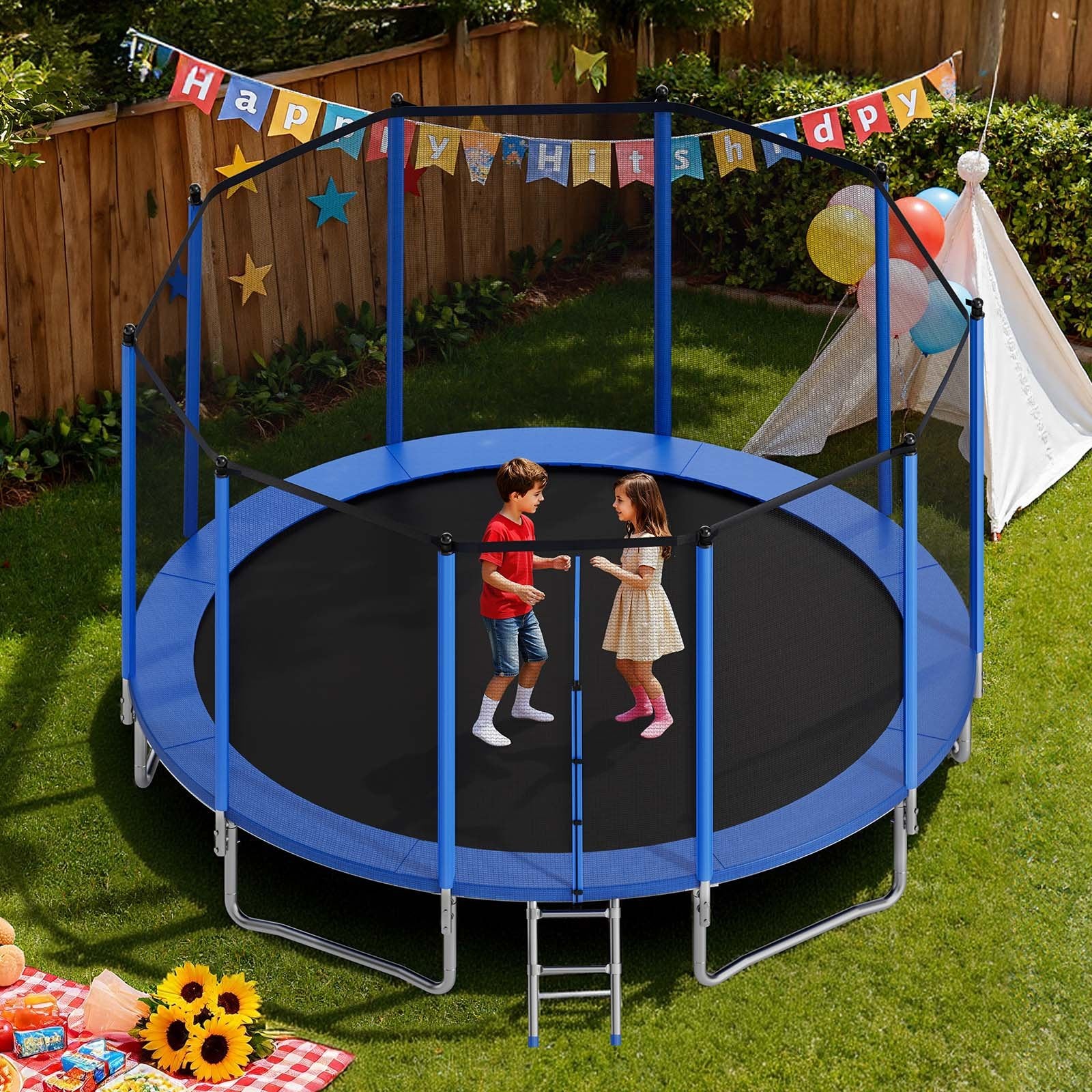 15FT Outdoor Trampoline with Enclosure Net, Heavy Duty, ASTM Approved, 470 lbs Capacity, Anti-Rust, Safe for Kids & Adults, Backyard Fun