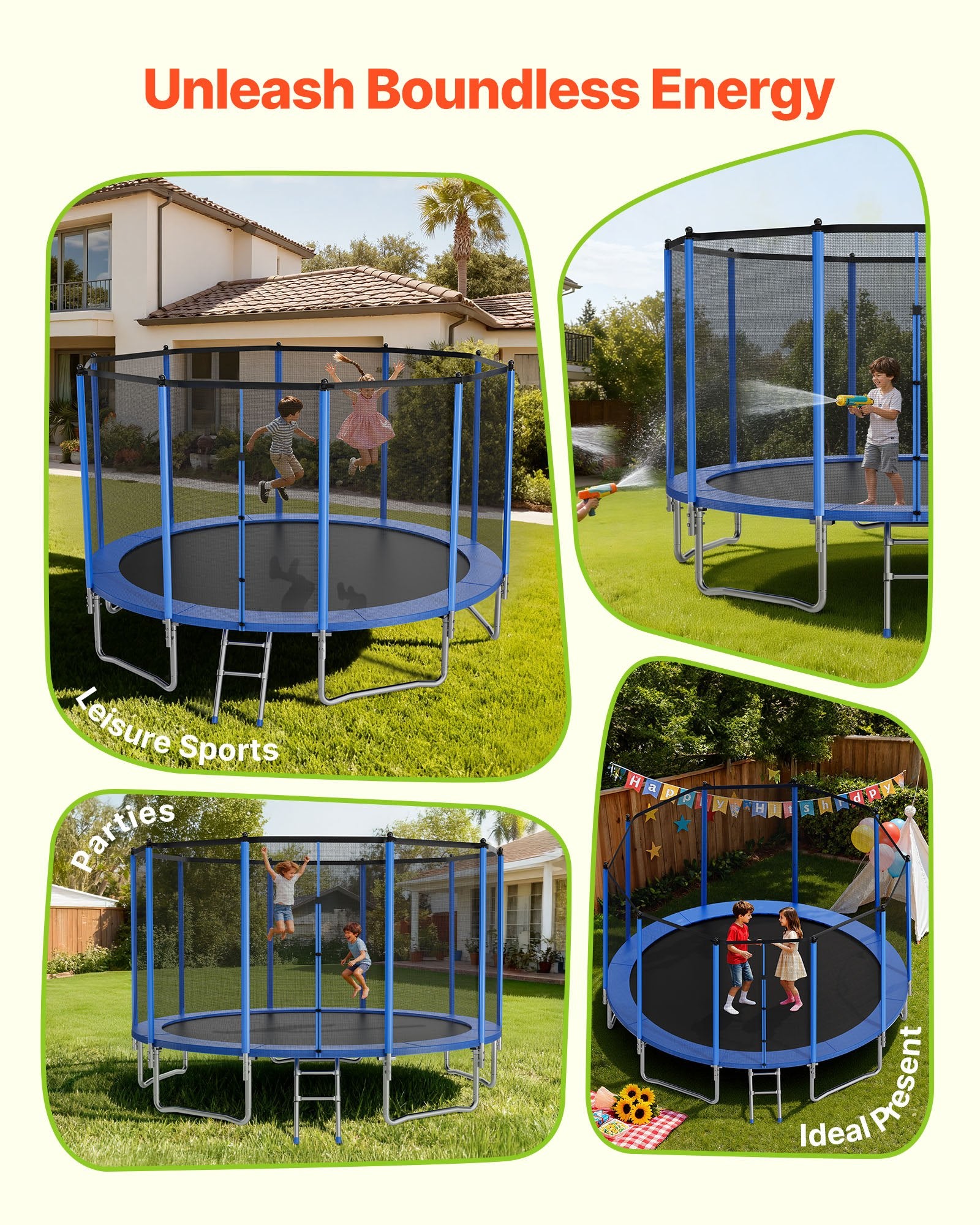 16FT Heavy Duty Outdoor Trampoline with Enclosure Net, ASTM Approved, Anti-Rust Design, 475 lbs Weight Limit for Kids & Adults, Safe Backyard Fun