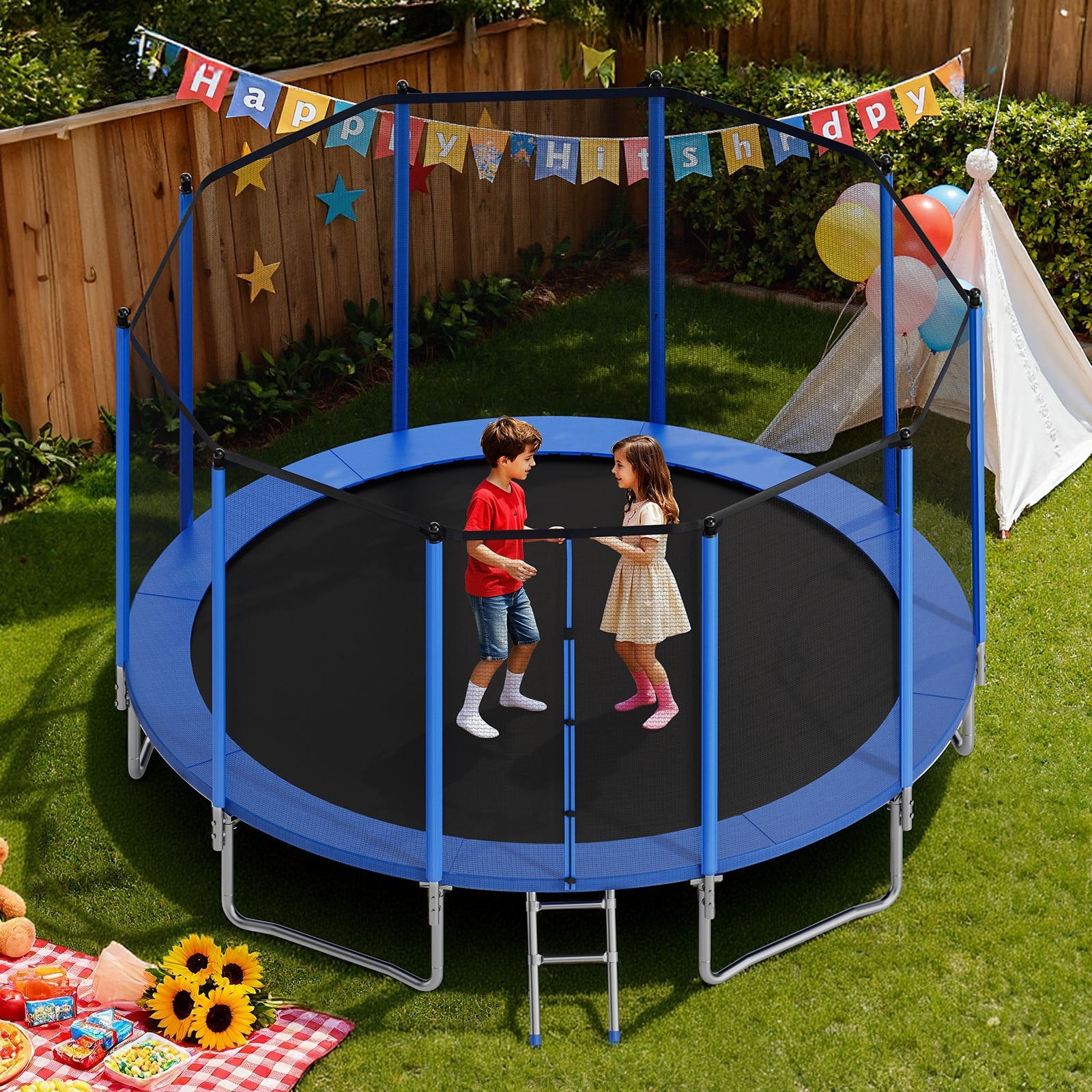 16FT Heavy Duty Outdoor Trampoline with Enclosure Net, ASTM Approved, Anti-Rust Design, 475 lbs Weight Limit for Kids & Adults, Safe Backyard Fun