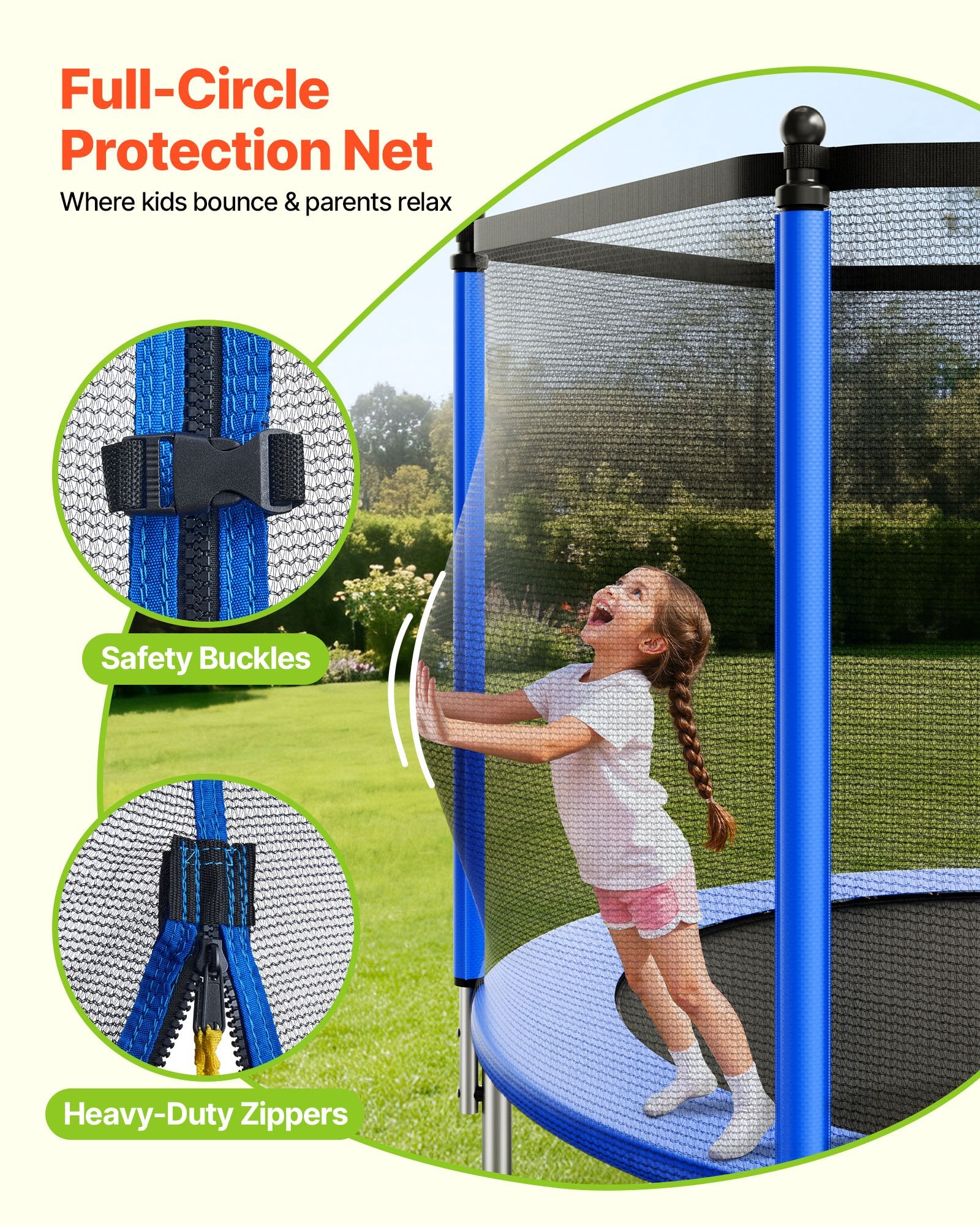 8FT Round Recreational Trampoline with Safety Enclosure Net, Heavy Duty ASTM Approved, Anti-Rust for Kids & Adults, 265 lbs Capacity, Perfect Backyard Fun