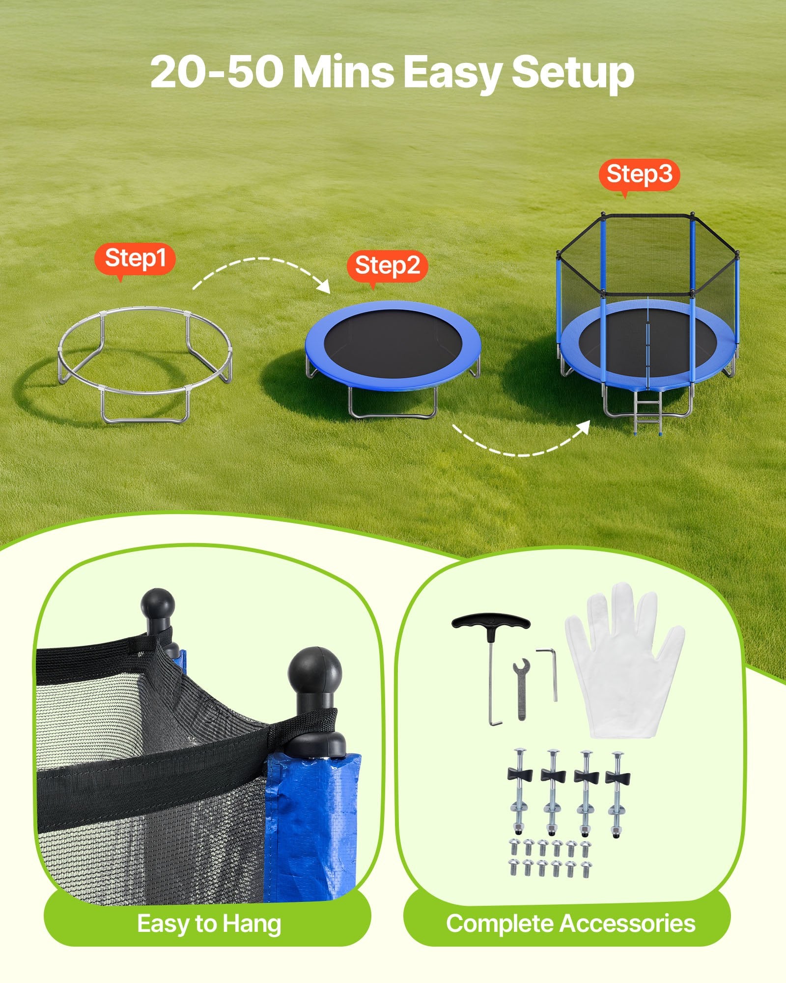 8FT Round Recreational Trampoline with Safety Enclosure Net, Heavy Duty ASTM Approved, Anti-Rust for Kids & Adults, 265 lbs Capacity, Perfect Backyard Fun