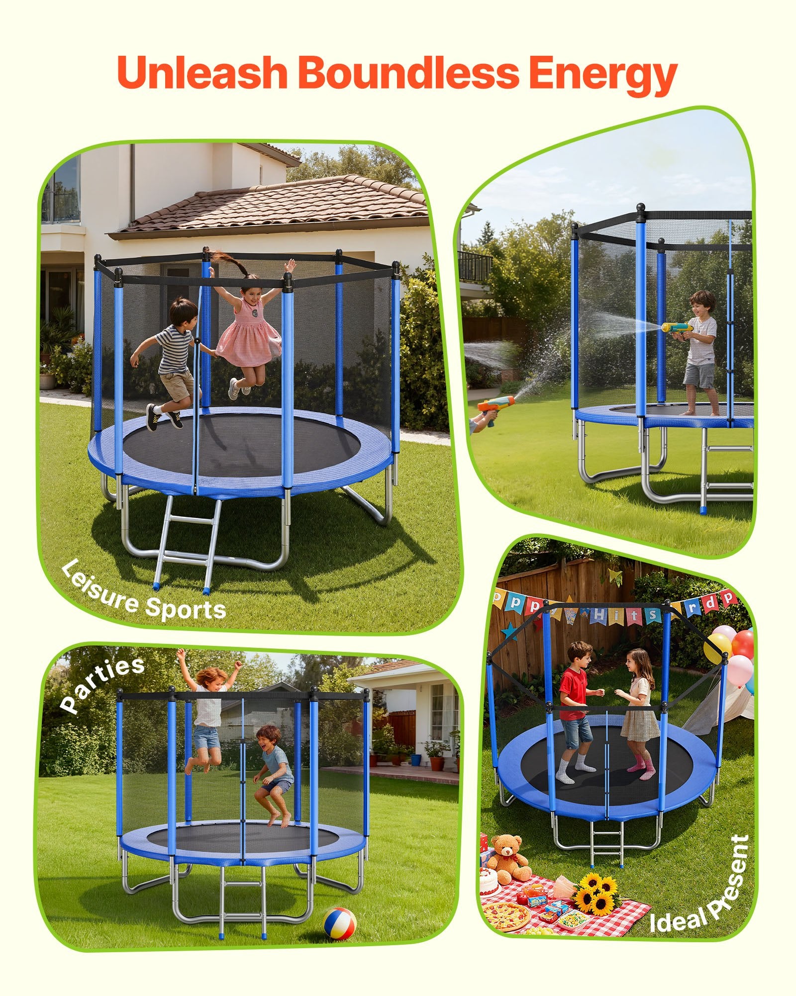 8FT Round Recreational Trampoline with Safety Enclosure Net, Heavy Duty ASTM Approved, Anti-Rust for Kids & Adults, 265 lbs Capacity, Perfect Backyard Fun
